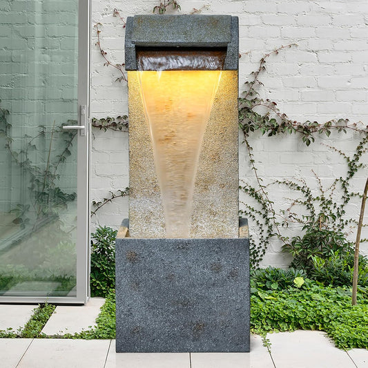 35.83'' Outdoor Garden Cascading Stone Floor-Standing Waterfall Fountain with LED Lights for Patio, Backyard, Deck, Porch and Home Art Decor