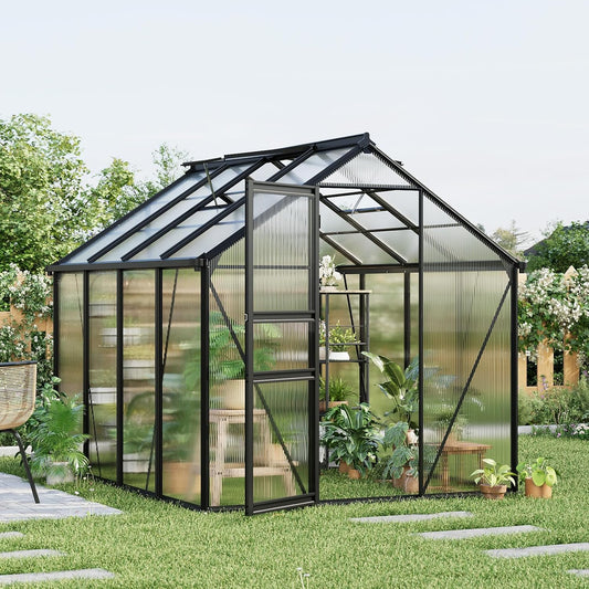 6x8FT Polycarbonate Greenhouse - Walk-in Outdoor Aluminum Frame Greenhouse with Roof Vent, Lockable Push Door for Garden, Backyard, Patio & Lawn(Black)