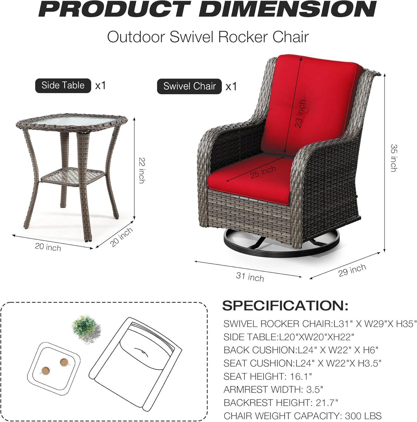 Joyside Outdoor Swivel Rocker Patio Chair and Matching Side Table - 2-Piece Wicker Patio Bistro Set with Premium Fabric Cushions (Brown Mixed with Grey/Red)