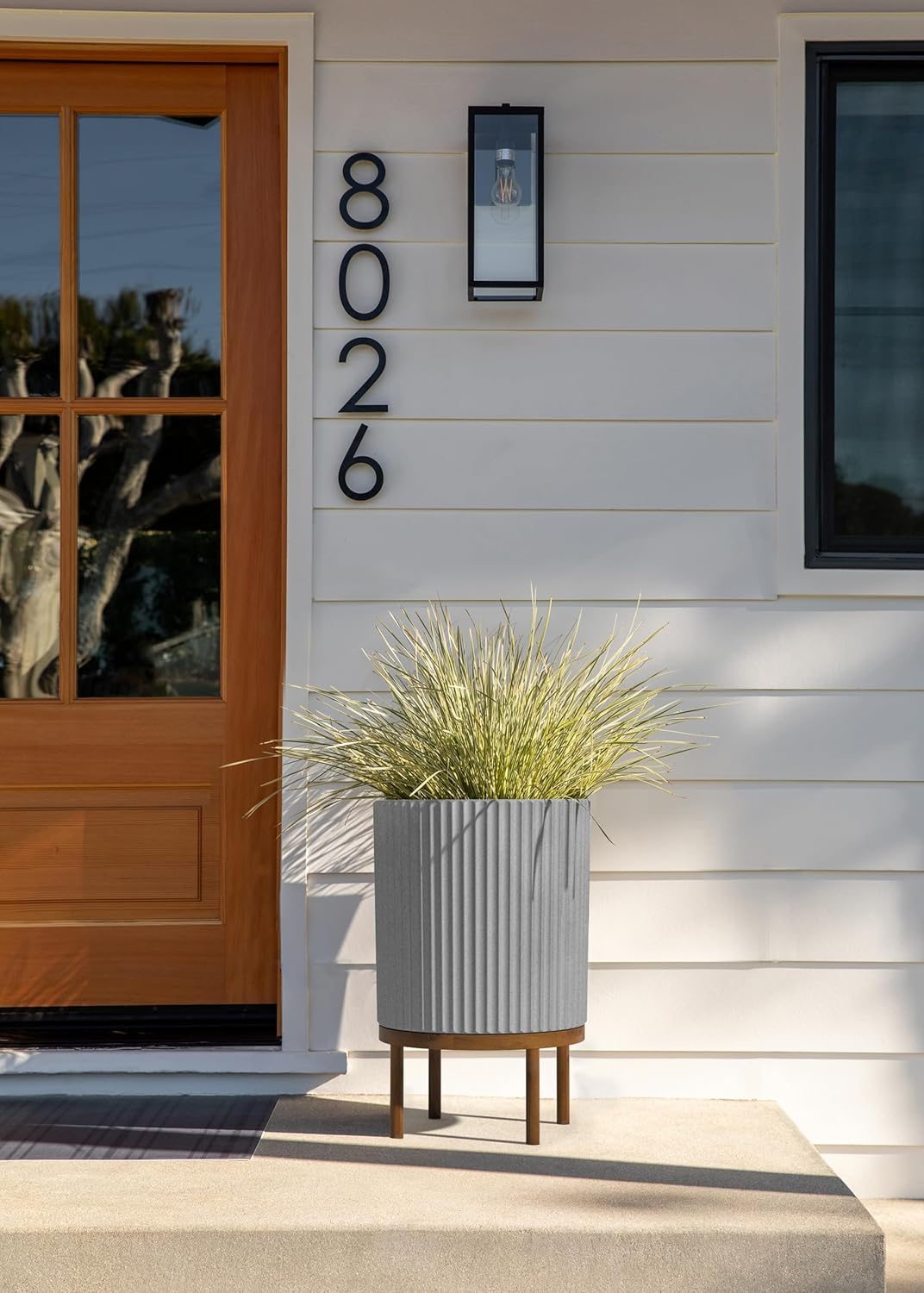 Veradek Demi Series Round Planter w/Stand for Porch/Patio | Durable Plastic-Stone Composite & Wooden Stand | Modern Décor for Tall Plants, Flowers