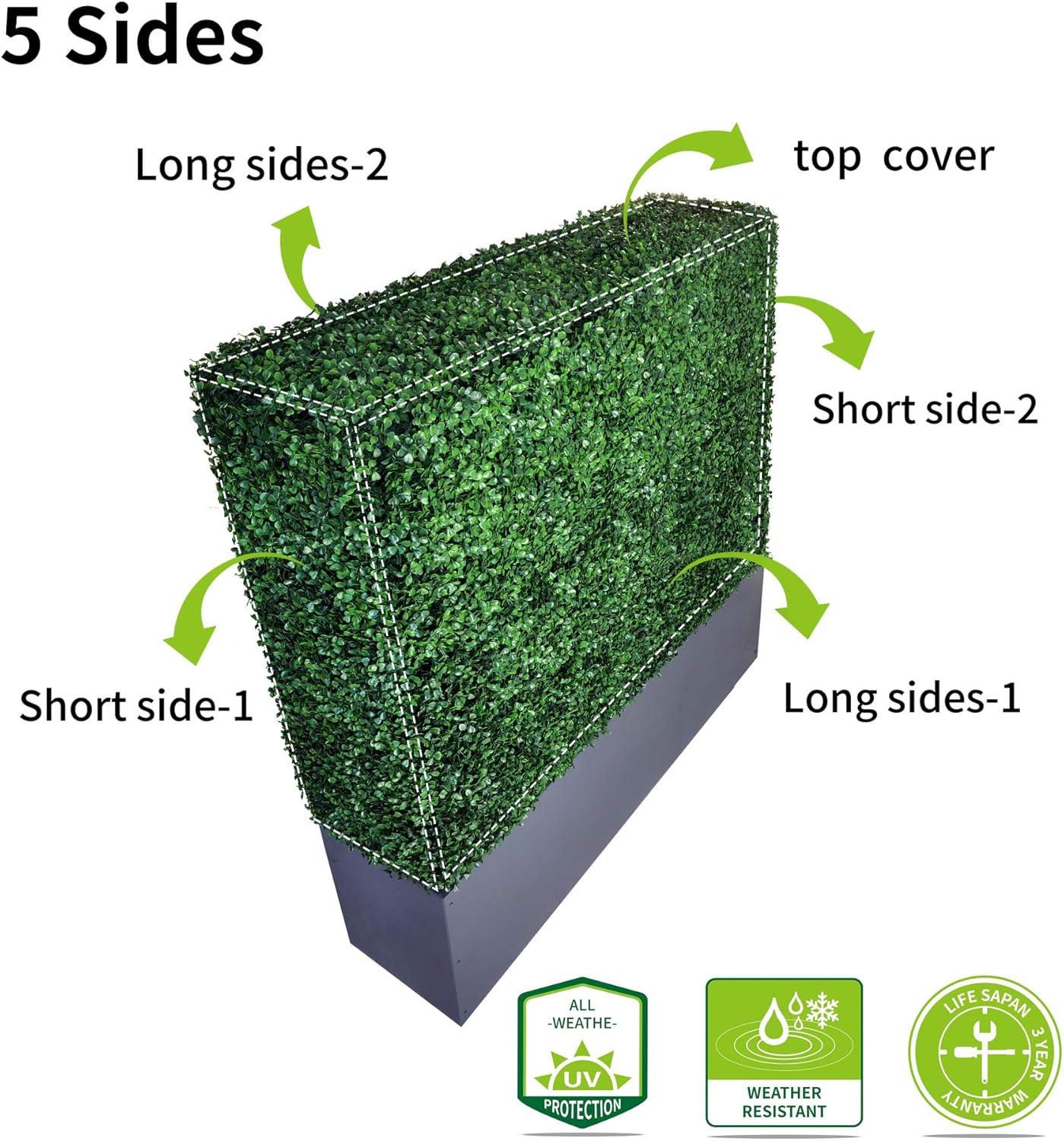 AGPL Artificial Hedge Wall (38" Width* 12" Deep* 48" Height) with Dark Gray Stainless Steel Planter Box (48.0)