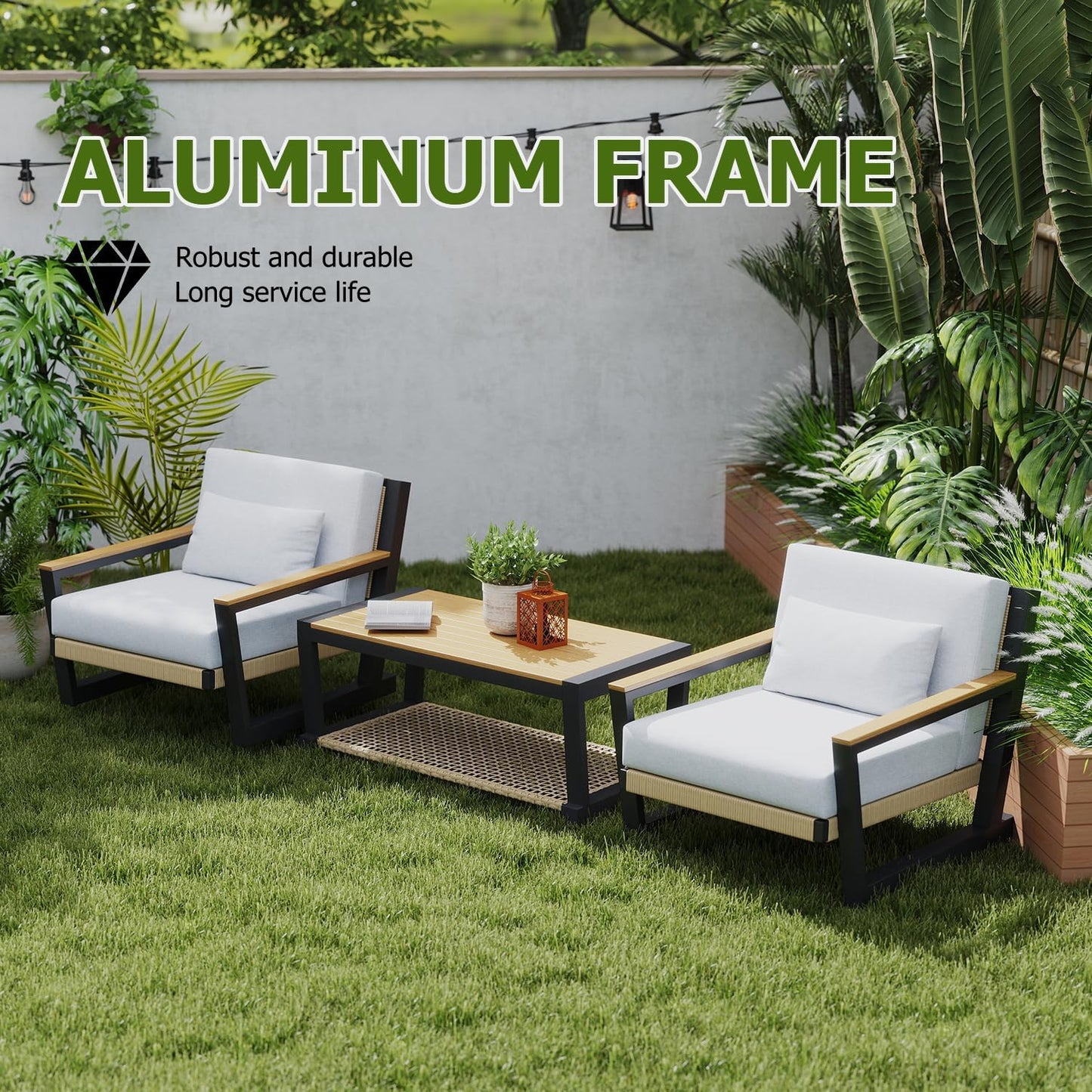 Aluminum Outdoor Patio Furniture Set 5 Seat, Patio Conversation Set with Durable Mesh Rope Weaving, Wide Armrests and Seats, Metal Sofa Set for Patio Yellow
