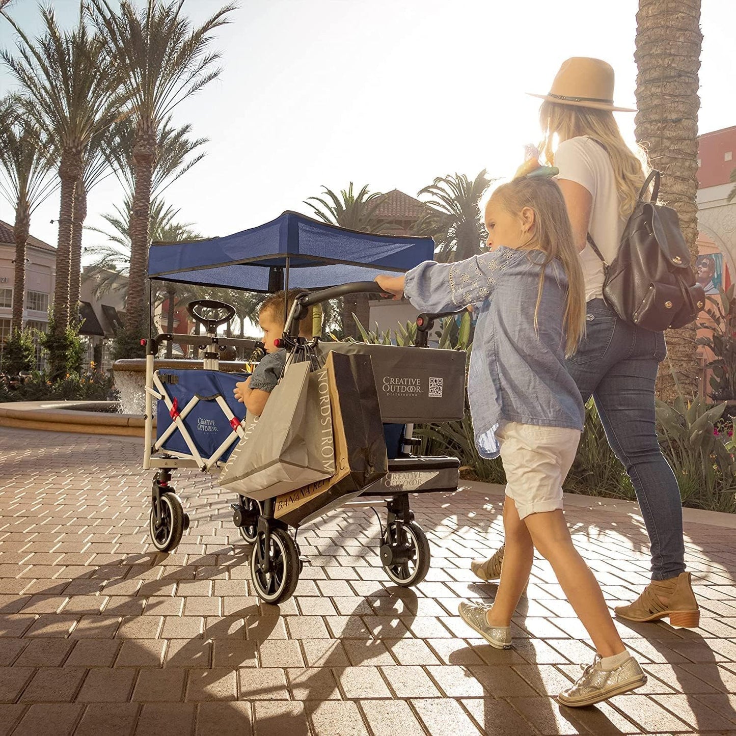 Creative Outdoor Wagon for Kids Push Pull Collapsible Stroller with Canopy Folding Cart for Beach, Park, Garden & Tailgate (Navy Blue & Grey)