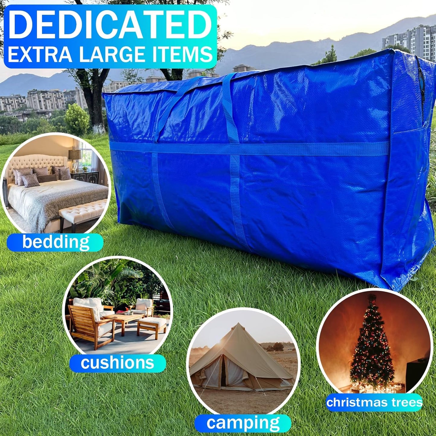 66 Gallon Extra Large Storage Bags, Huge Moving Bags Heavy Duty with Zipper and Stronger Handles, Big Foldable Duffle Bag for Travel, Storage Totes Moving Boxes for College, Christmas Tree,Blue,2 Pack