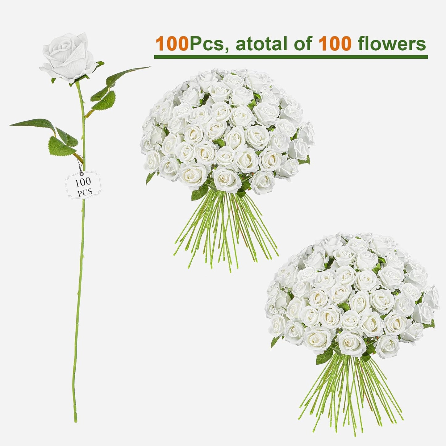 Fake Plants Roses Flowers Plastic Flowers Spring Decorations for Home Gifts for Gf Roses Artificial Flowers for Vase Fake Flowers Home Decor Fake Plant19.6“ (White 100PCS)