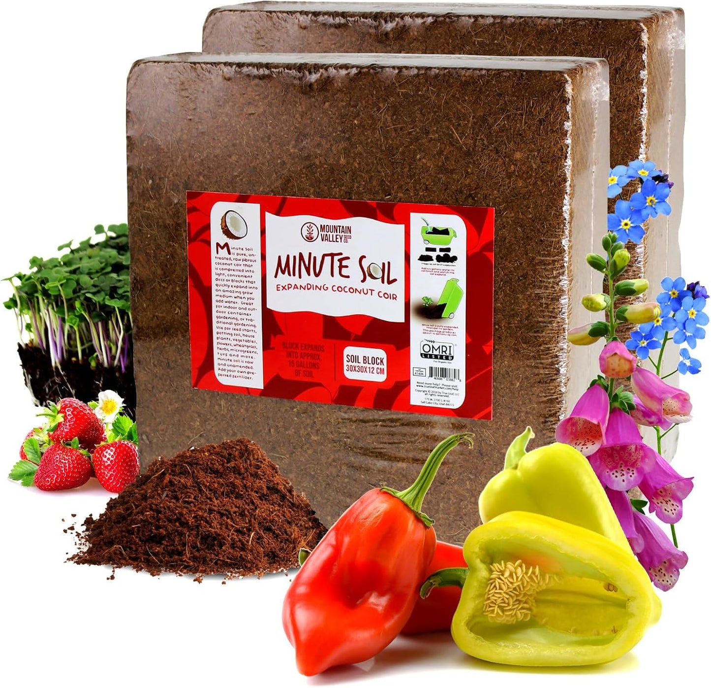 Minute Soil Bulk Coconut Coir Block 2-Pack – OMRI Listed for Organic Use – Compressed Growing Medium Expands with Water – Indoor & Outdoor Gardening Soil Alternative