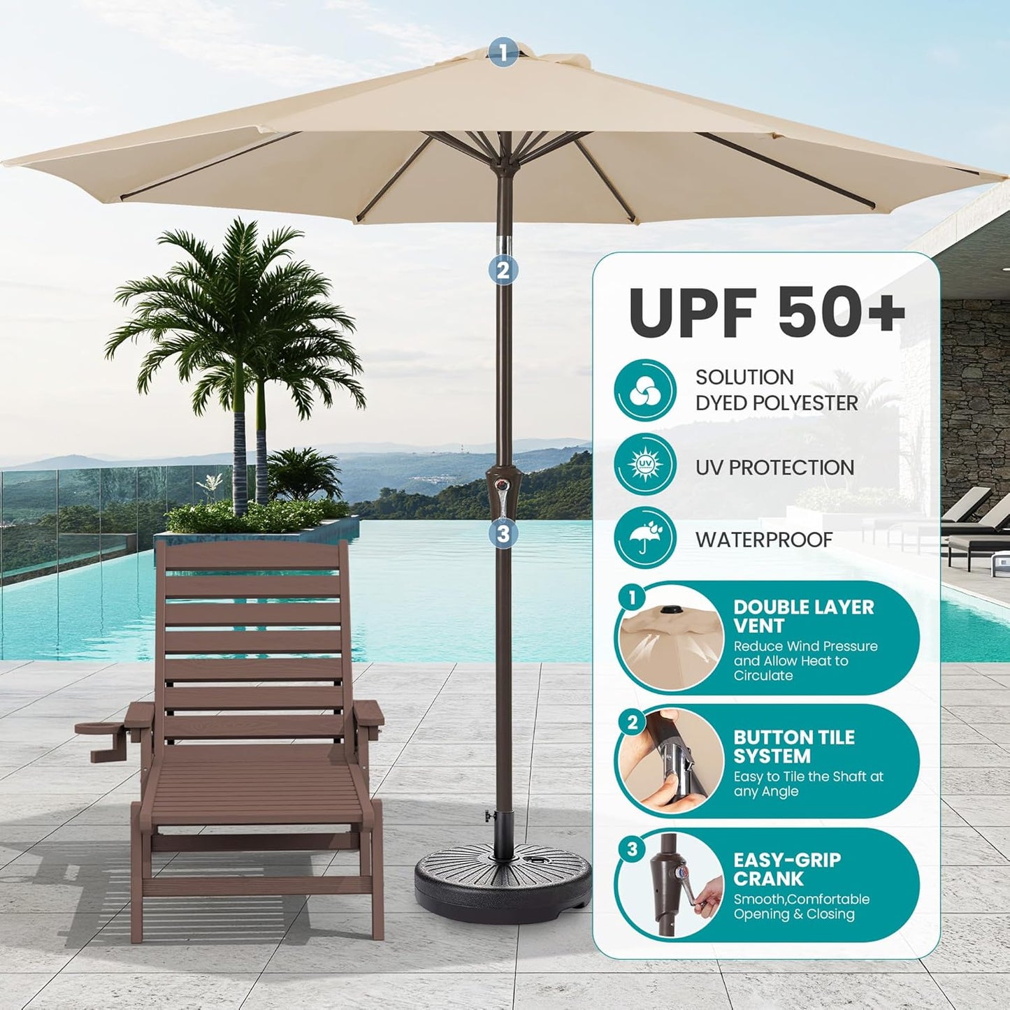 SERWALL Patio Chaise Lounge Chair Set of 2 with 9FT Patio Umbrella, 78'' HDPE Outdoor Lounger, Poly Lounge Chair with Rolling Wheels & Cup Holder for Pool,Coffee Brown (Umbrella Base not Included)
