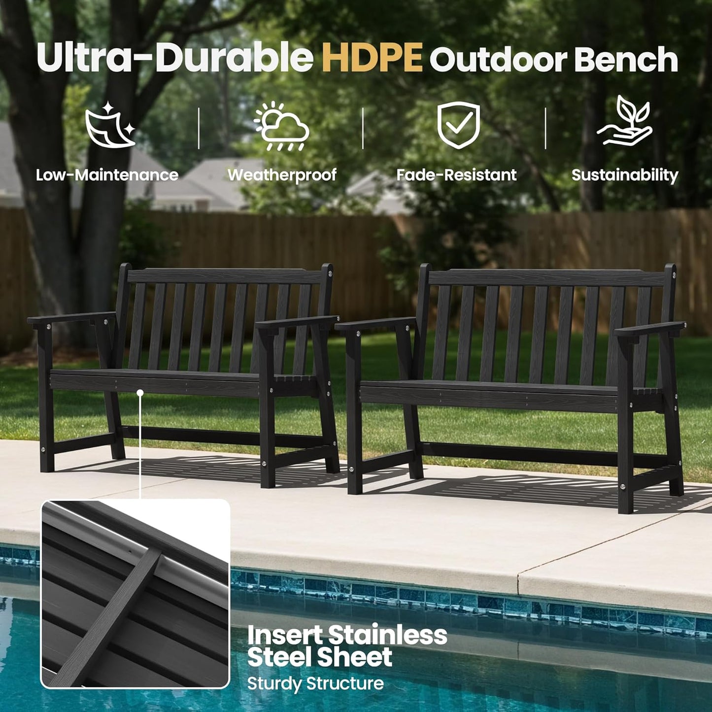 Ciokea 44" Outdoor Bench Set of 2, HDPE Weatherproof Garden Bench, 2-Person Memorial Benches with 550 Lbs, Waterproof Patio Porch Benches for Outside Business Deck Office Backyard Balcony, Black