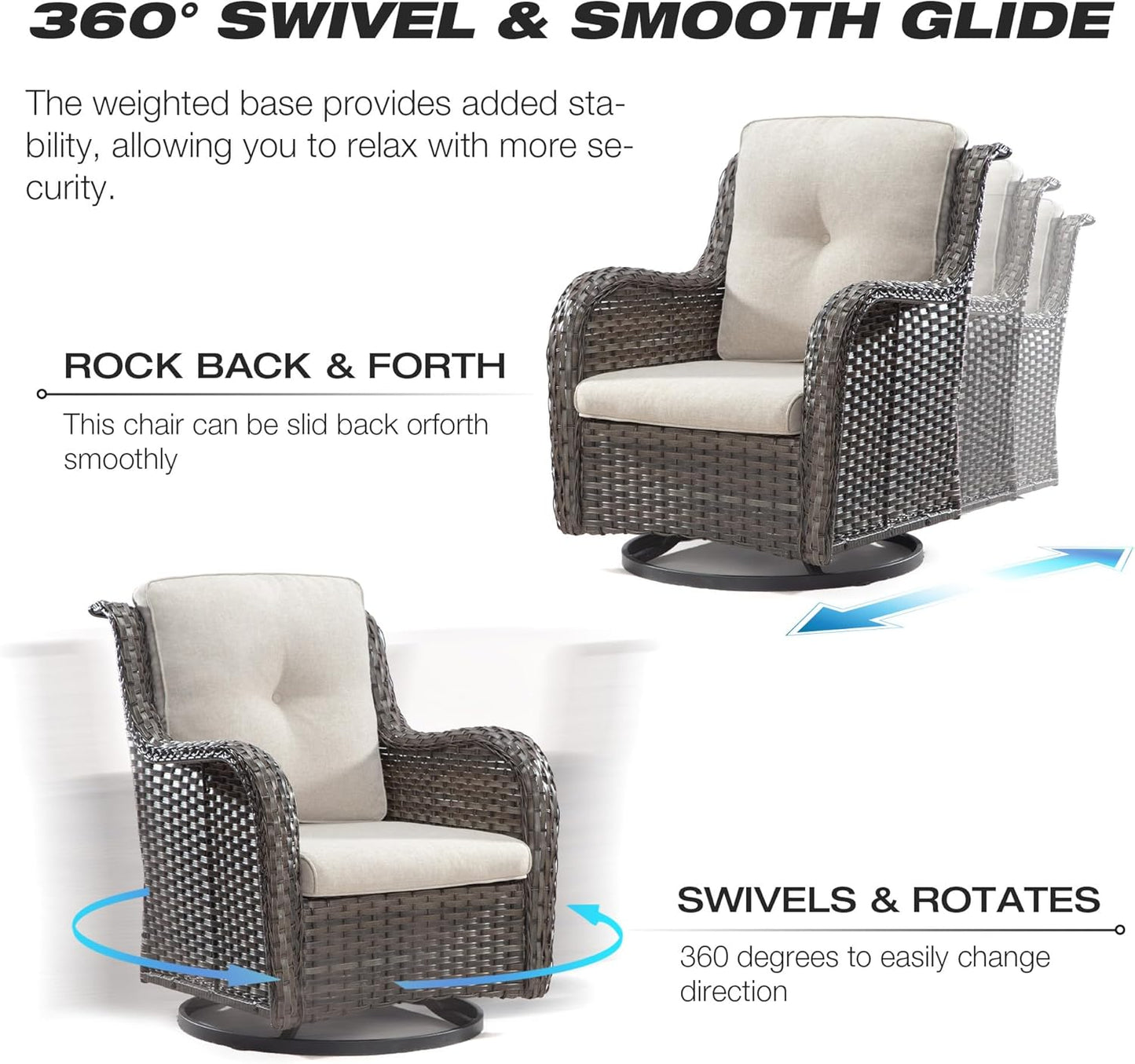 Joyside Outdoor Swivel Rocker Patio Chair - Outdoor Wicker Glider Rocking Chair with Olefin Fabric Cushions Suitable for Porch Deck and Backyard(Mixed Grey/Beige)