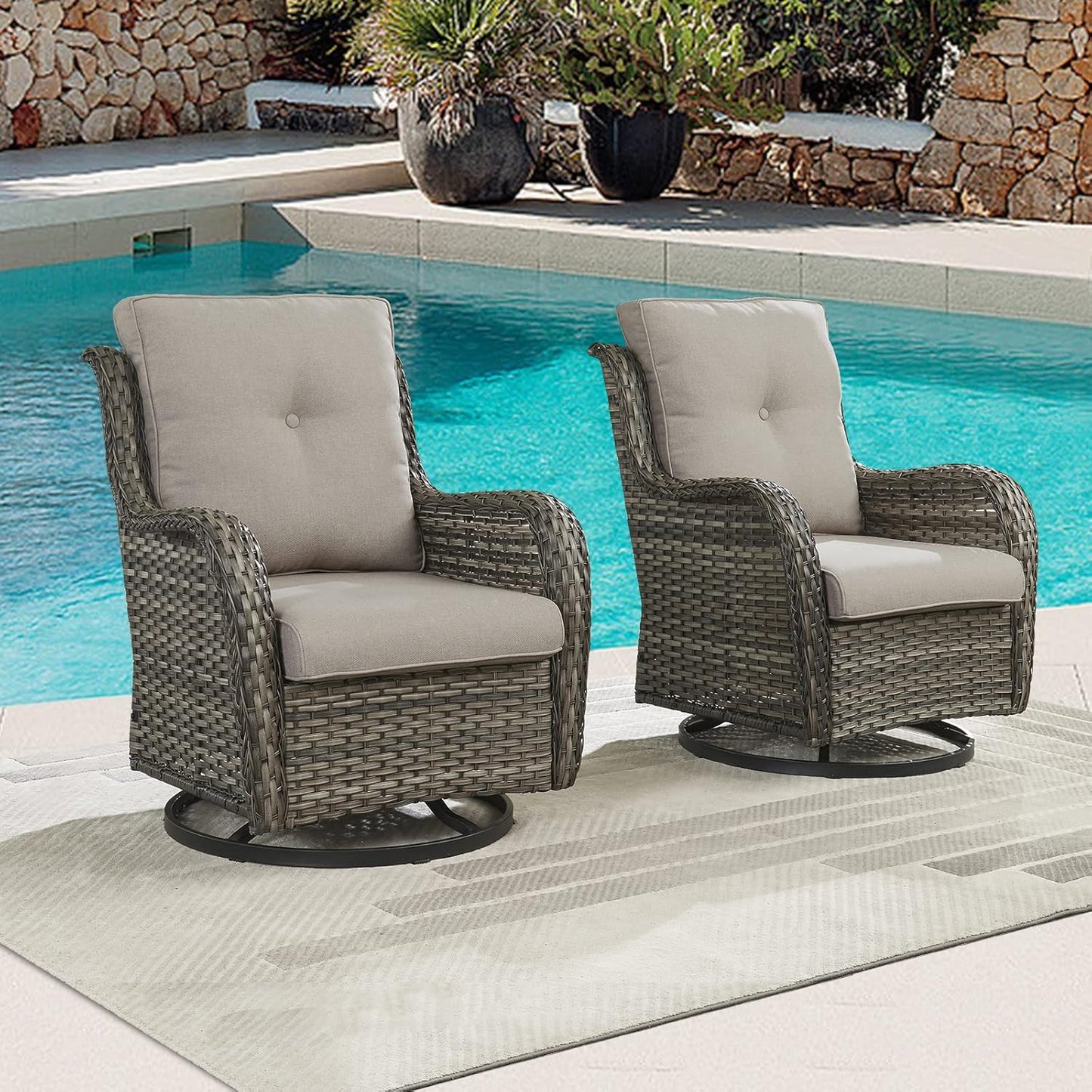 Outdoor Patio Swivel Rocker Chairs - Single Wicker Rattan Patio Swivel Rocking Chair with High Back,Deep Seating and Comfort Cushions for Deck Porch Garden,Mixed Grey/Grey