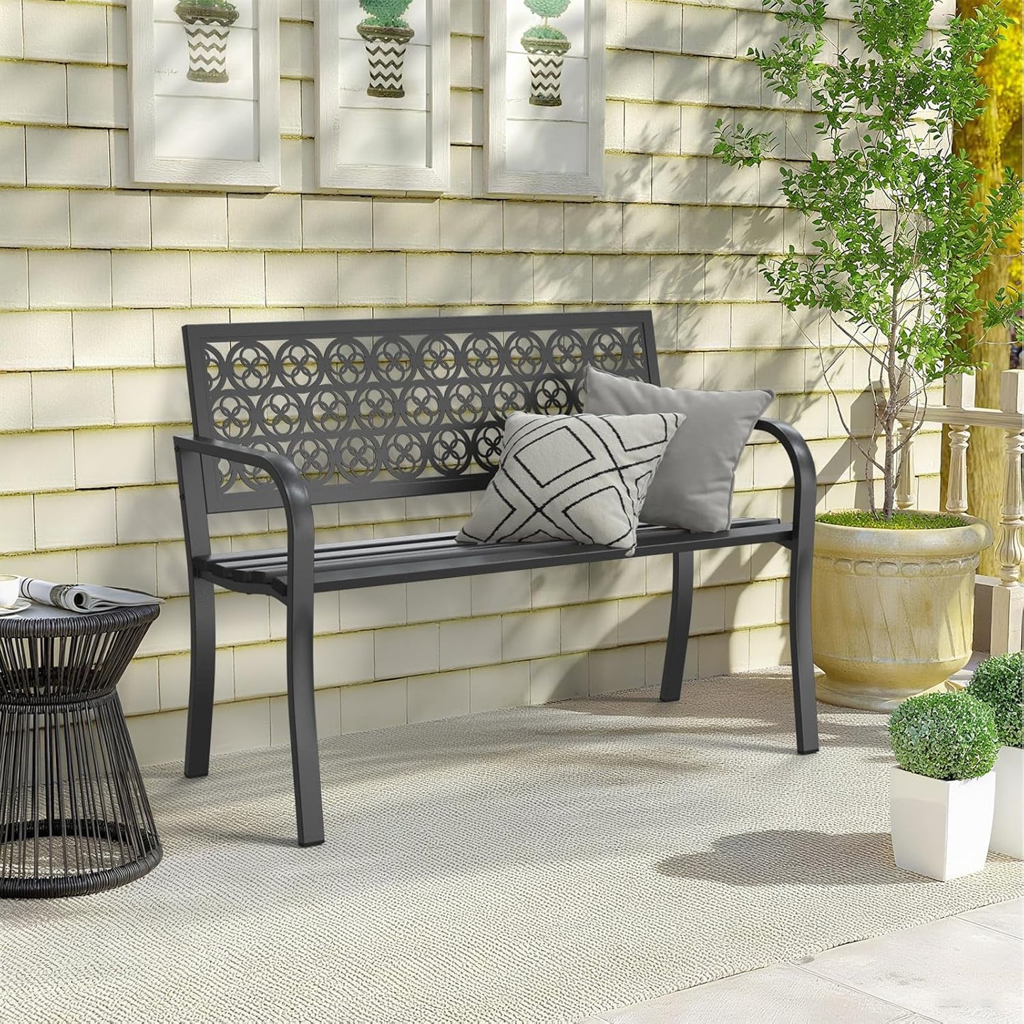 44" Heavy Duty Outdoor Bench, Wrought Iron Weatherproof Garden Bench Black Metal Patio Bench for Park Proch Yard 880lbs