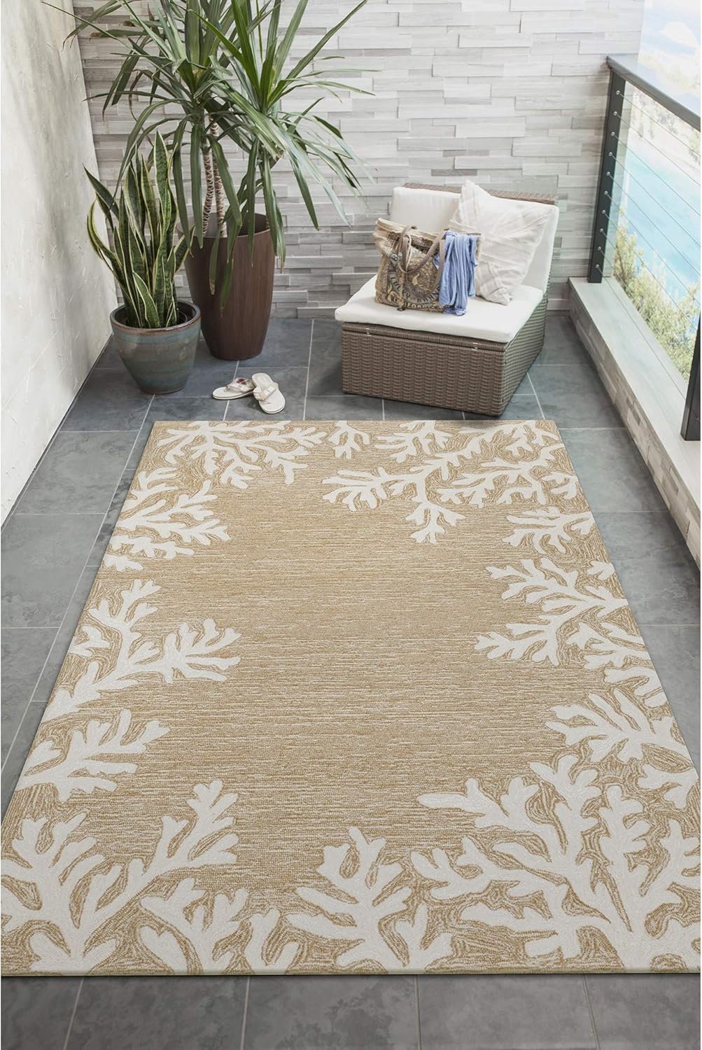 Liora Manne CAPRI Indoor/Outdoor Handmade Synthetic Blend Durable Area Rug - Traditional Border Coastal Beach Accent (Coral Border Neutral) (5' x 7'6")