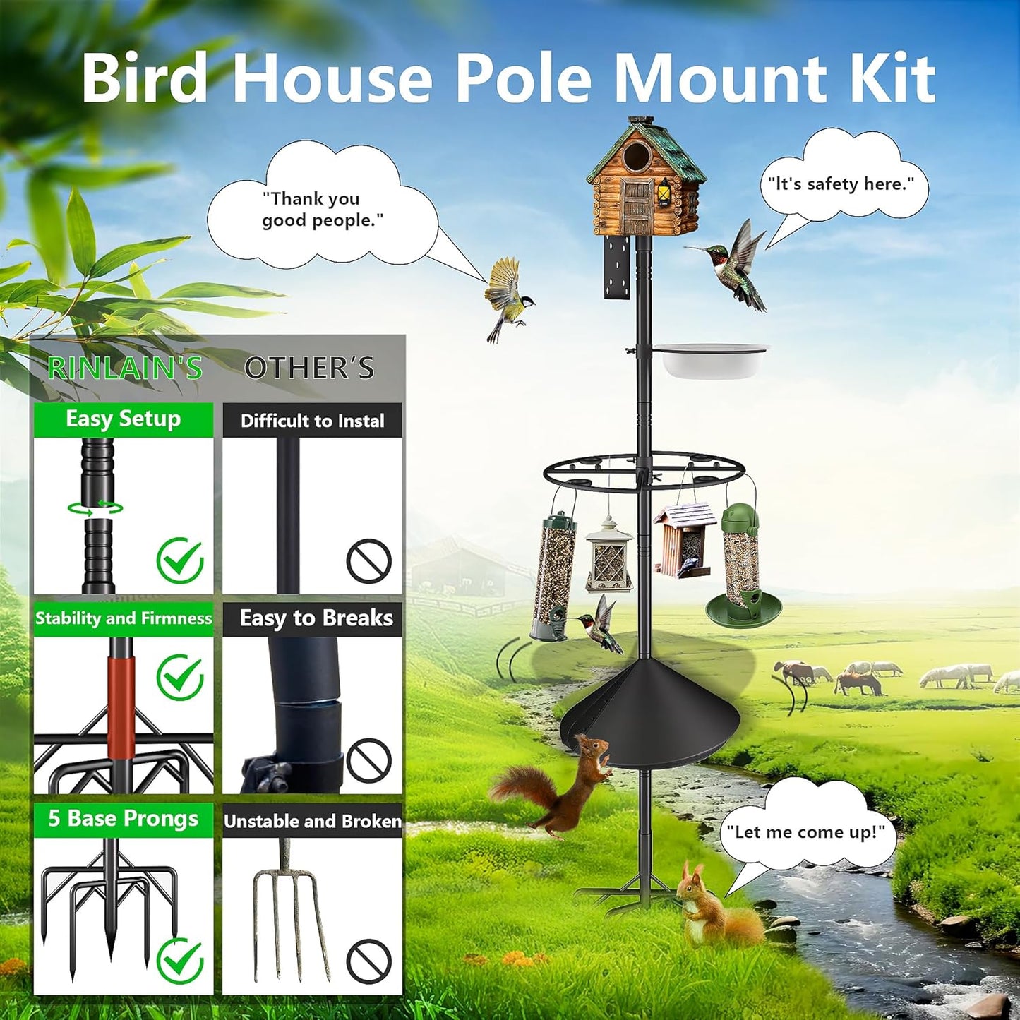 Bird Feeder Pole Stand,95 Inch House Pole for Outdoors Weather Station,Heavy Duty Metal Mount Kit Adjustable Multifunctional Bird Feeder Set