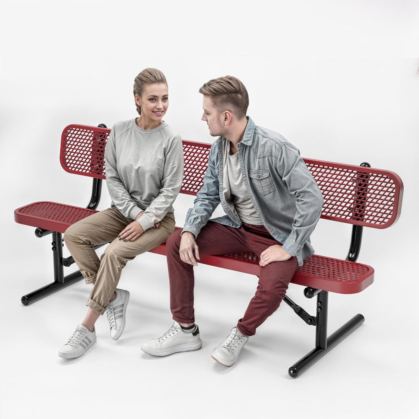 Heavy-Duty Outdoor Metal Bench, Thermoplastic-Coated, Portable, Weatherproof, Commercial-Grade for Parks, Gardens, Patios, Stores & More (6 Ft - Portable with Back, Red)