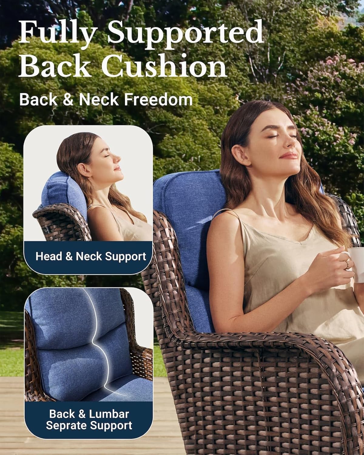 HILLGA Luxury Outdoor Swivel Rocker Patio Chairs of 2 with 6 Inch Thick Cushions and Side Table, Swivel Outdoor Chairs 5PCS High Back Wicker Patio Furniture Set for Porch, Balcony, Deck in Blue