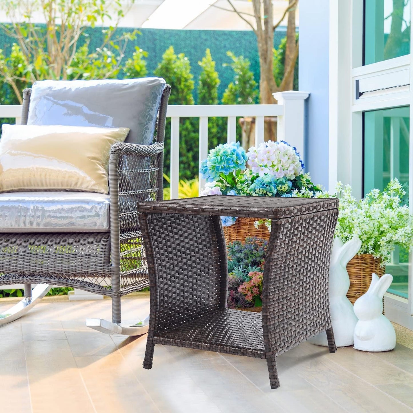 Outdoor Side Table for Patio Small Rattan Wicker Coffee Table Balcony Table Outside End Table with Poly Lumber Table Top & Storage Bistro Table for Garden Porch Deck Living Room Backyard Brown