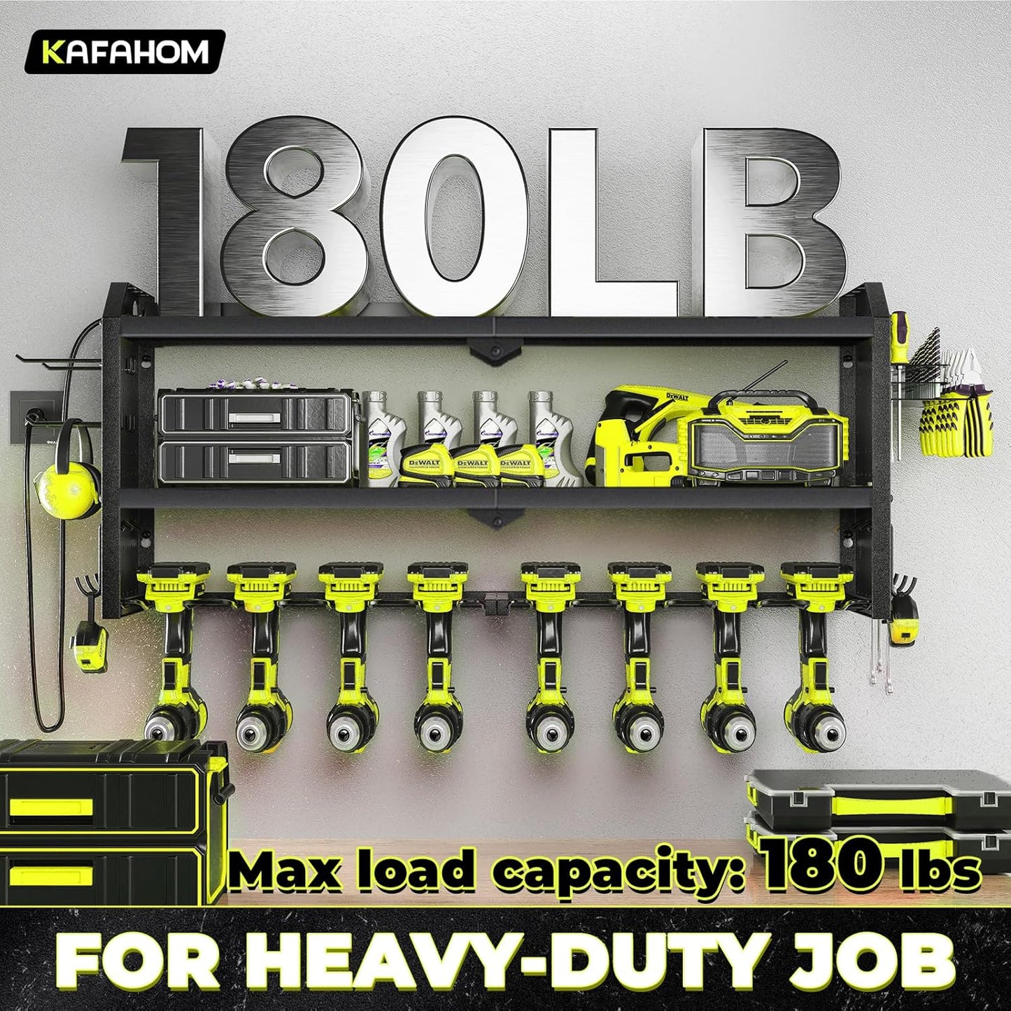 KAFAHOM Power Tool Organizer with Charging Station, Built in 8 Outlet Power Strip,Large 8 Drill Holder Wall Mount, Heavy Duty Metal Power Tool Storage Rack Tool Shelf for Garage Organization Black