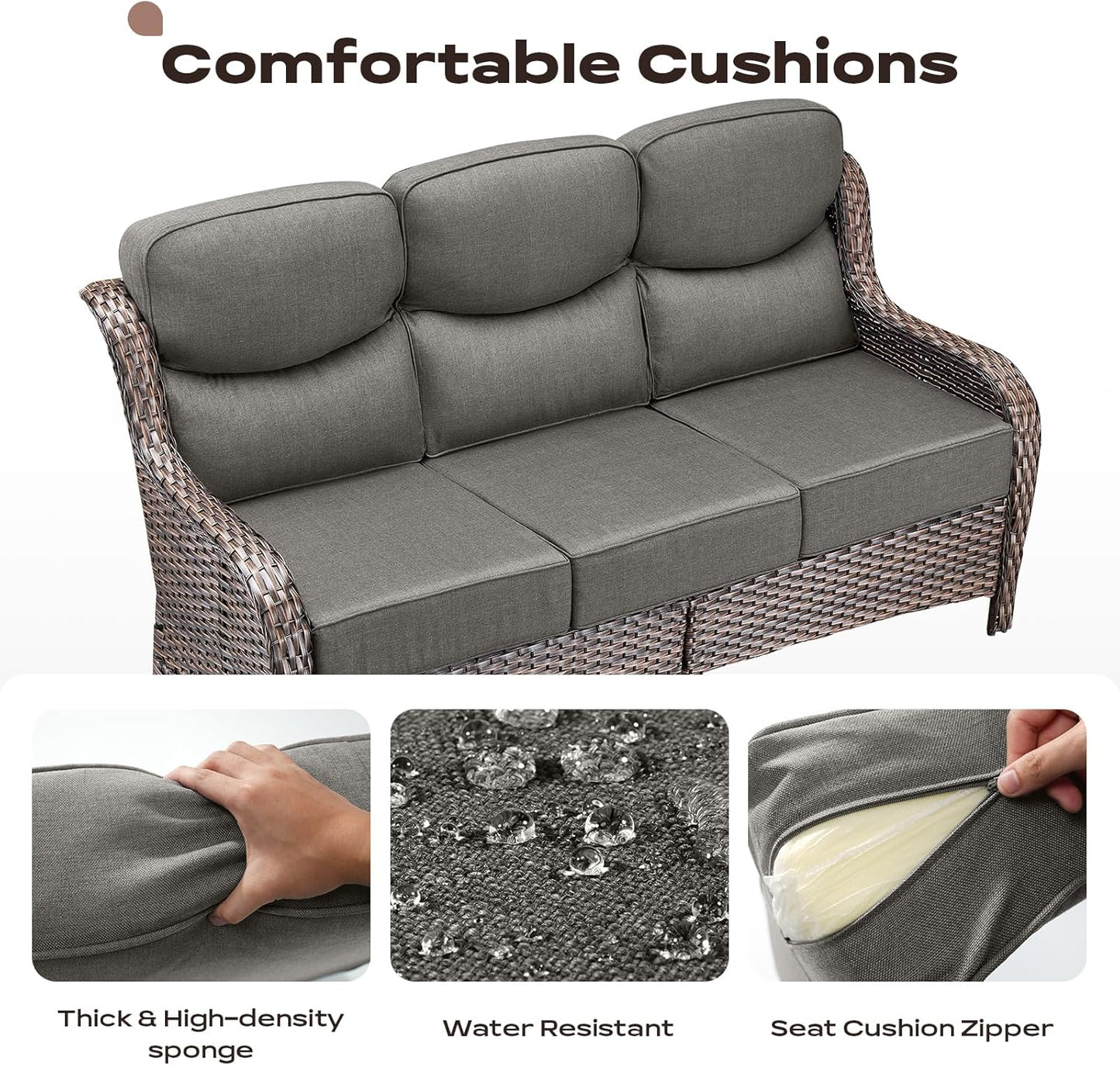 Wicker Outdoor Patio Furniture Set - 6 Piece Patio Conversation Sets with Swivel Rocker Chairs, Ottomans, Sofa and Table, 6 inch Cushions, Deep Seating, for Porch Deck Brown/Grey