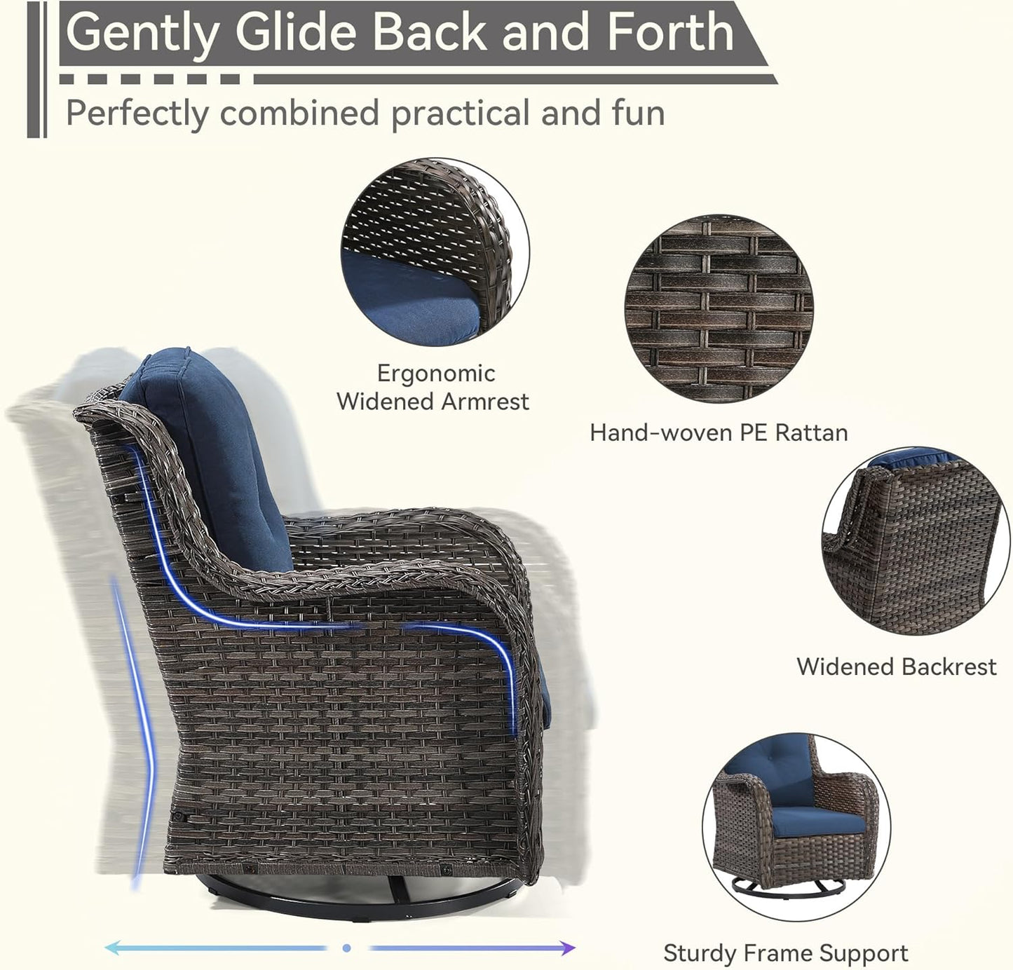 3 Pieces Outdoor Furniture Set - Patio Wicker Swivel Rocker Chair Set of 2 and 1 Side Table, Blue, Mixed Brown Rattan, Suitable for Porch, Yard