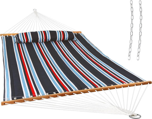 Sunnydaze Quilted Outdoor Hammock with Spreader Bars - Heavy-Duty 450-Pound Capacity Double Hammock for Outside - Nautical Stripe