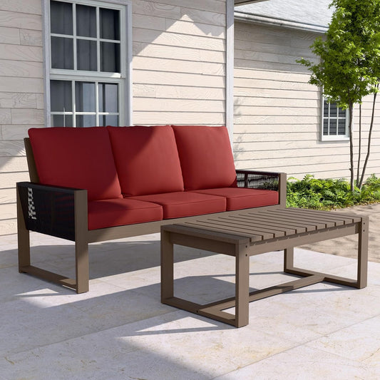 EAGLE PEAK Natural Wood Outdoor Patio Furniture, Cedar Furniture, Conversation Set, Outdoor Seating for Deck Patio Porch, Sofa & Coffee Table, 2 Pieces, Brown/Red