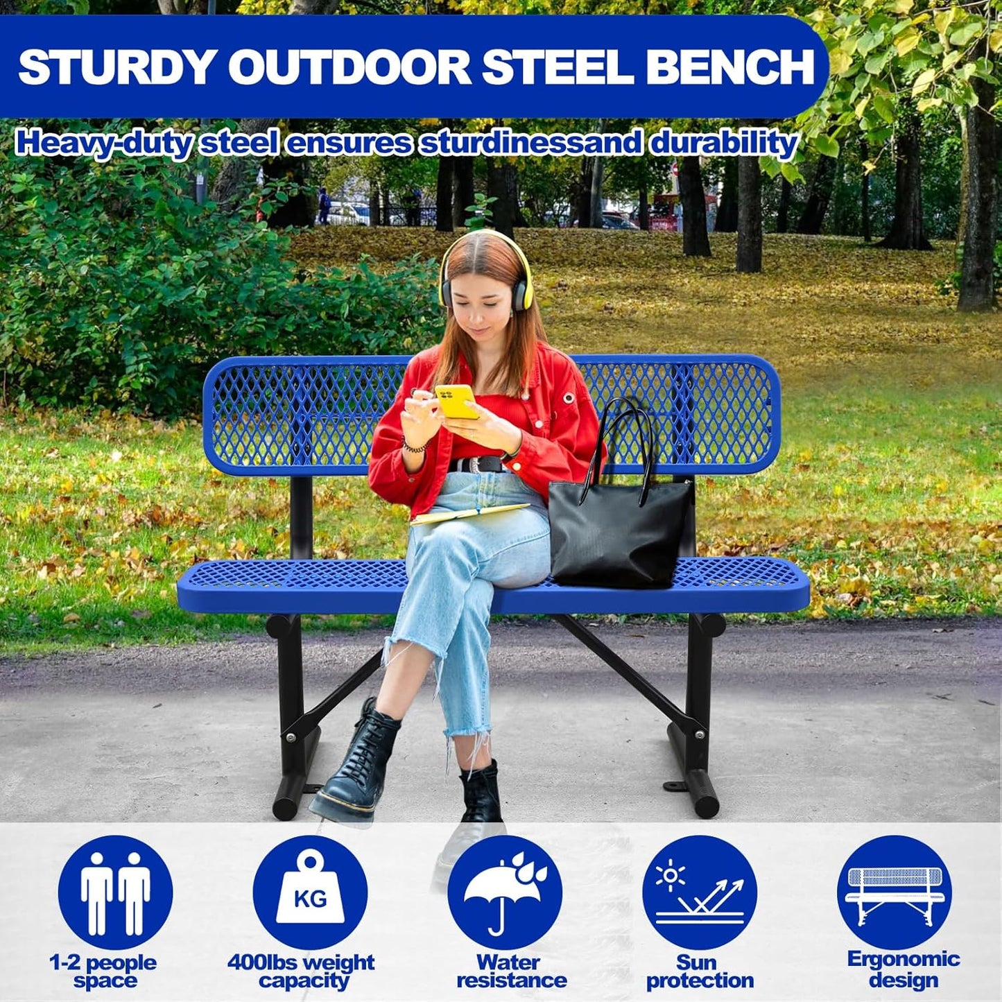 Drexo 4FT Heavy Duty Park Bench with Back Portable Frame, Outdoor Metal Park Bench with Backrest, Steel Mesh Outdoor Bench for Garden, Lawn, Patio, Porch, Park, Yard (Blue, 4FT)