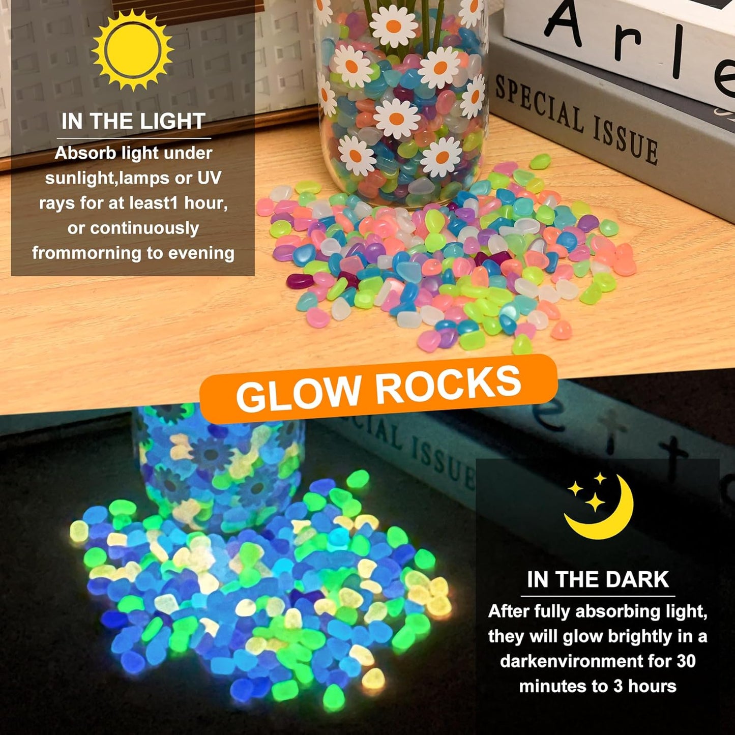 Oubest Glow in The Dark Rocks for Outdoor Landscaping, Decorative Garden Pebbles, Luminous Stones for Vases, Pathway, Walkway, Yard, Patio Decor, Glowing Gravel for Fountain, Driveway, 1000PCS, White
