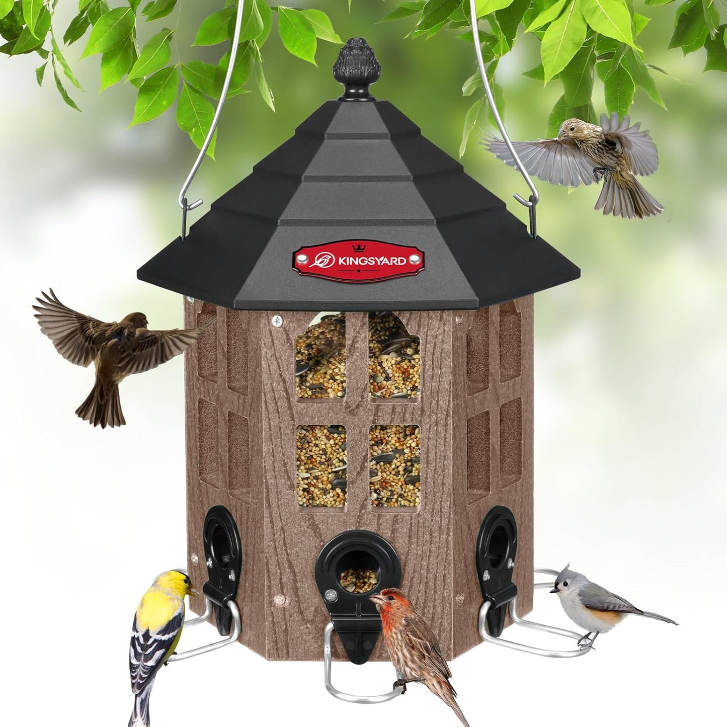 Kingsyard Wild Bird Feeder for Outdoor Hanging, Recycled Plastic Bird Feeders with 6 Ports & U-Shape Perch, Garden Yard Outside Decoration, 3.5 lbs Seed Capacity, Brown