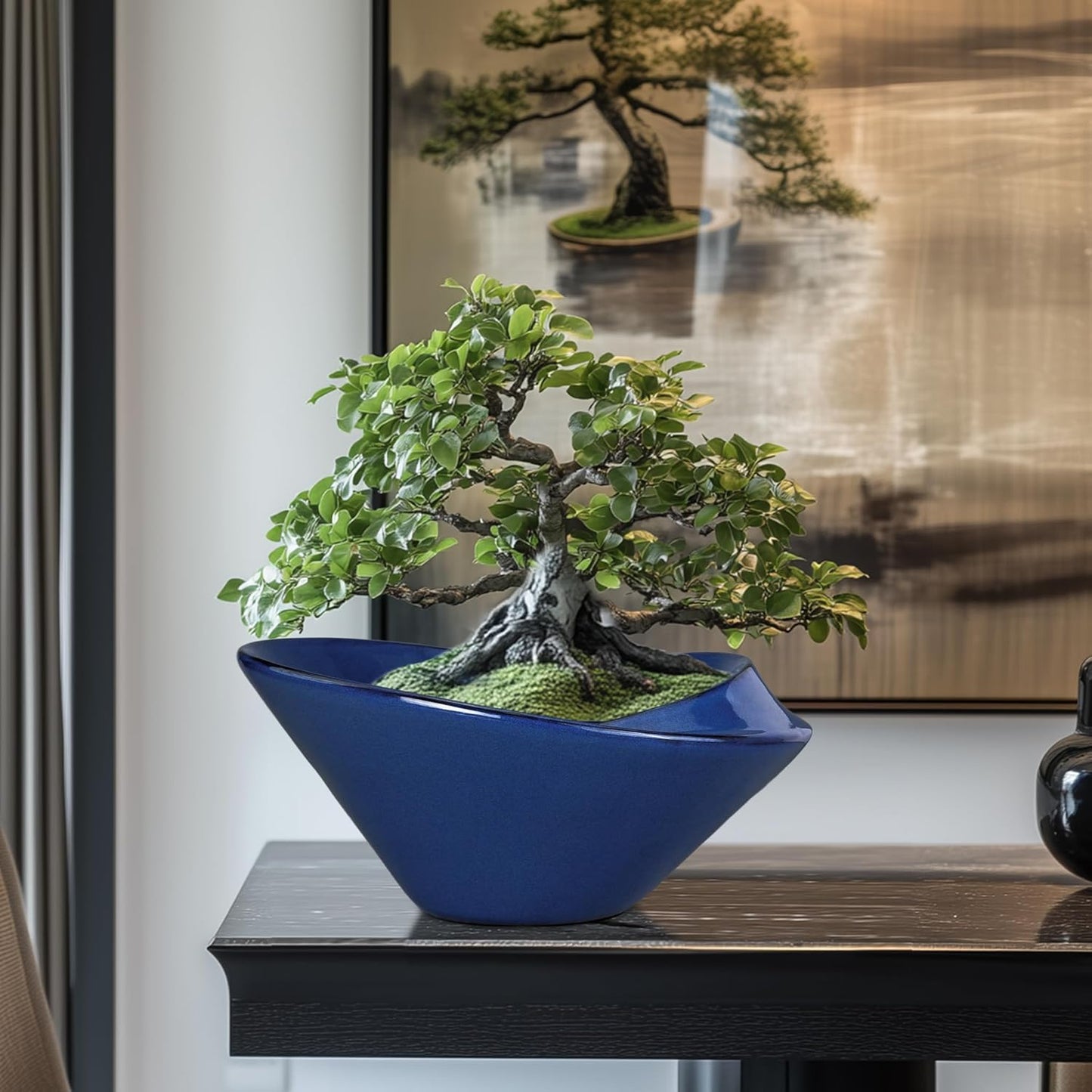 Bonsai Tree Pot 13 Inch - Ceramic Succulent Pots Large Bonsai Planter for Indoor Outdoor Plants Decorative Plant Pot with Drainage Hole Flower Pot for House Garden Room Home Decor Blue