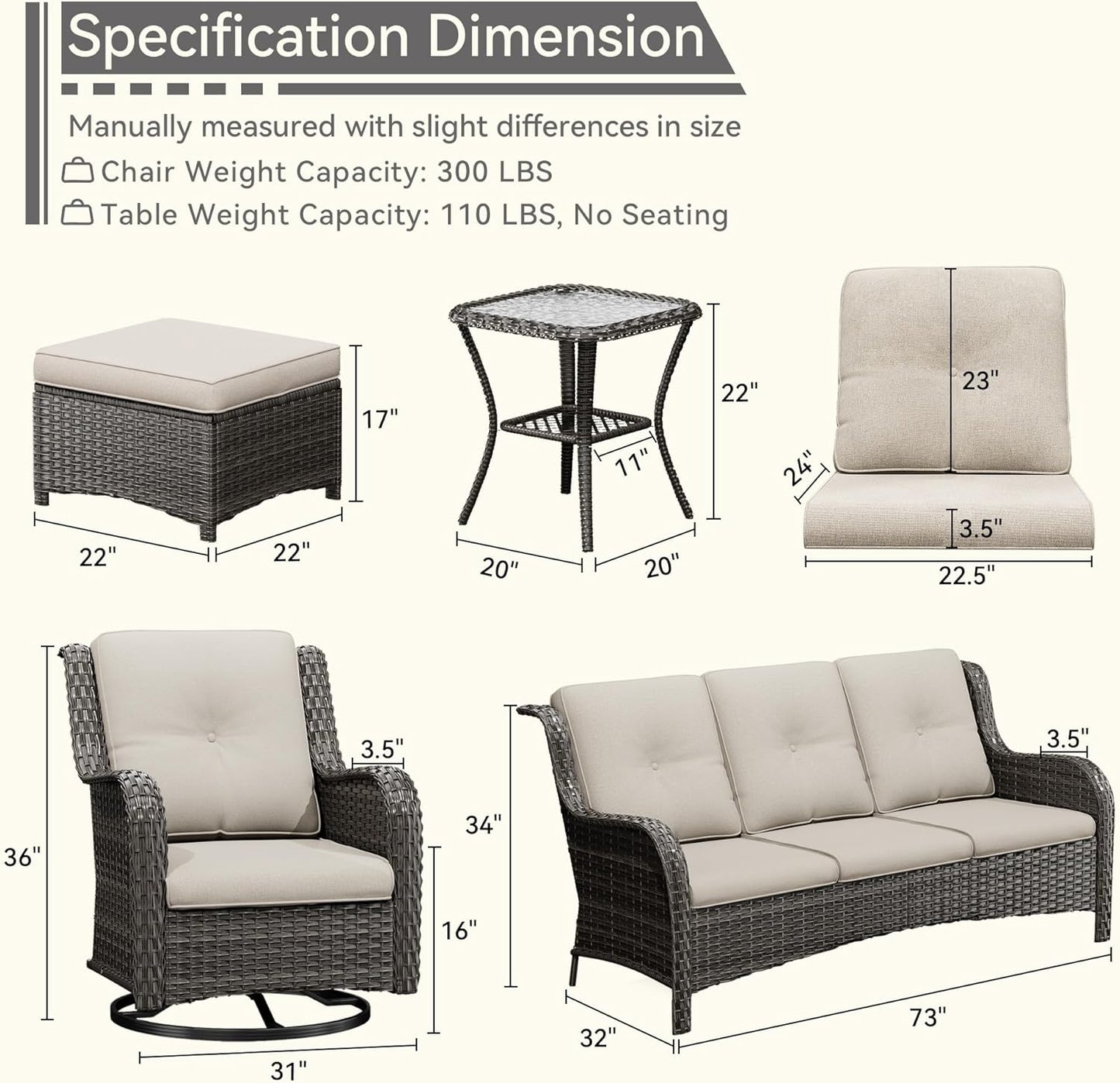 Wicker Patio Furniture Set 6 Piece, Outdoor Furniture Patio Conversation Set Includes 1 Three-Seat Sofa, 2 Swivel Rocker Chairs, 2 Ottomans and 1 Side Table,Beige