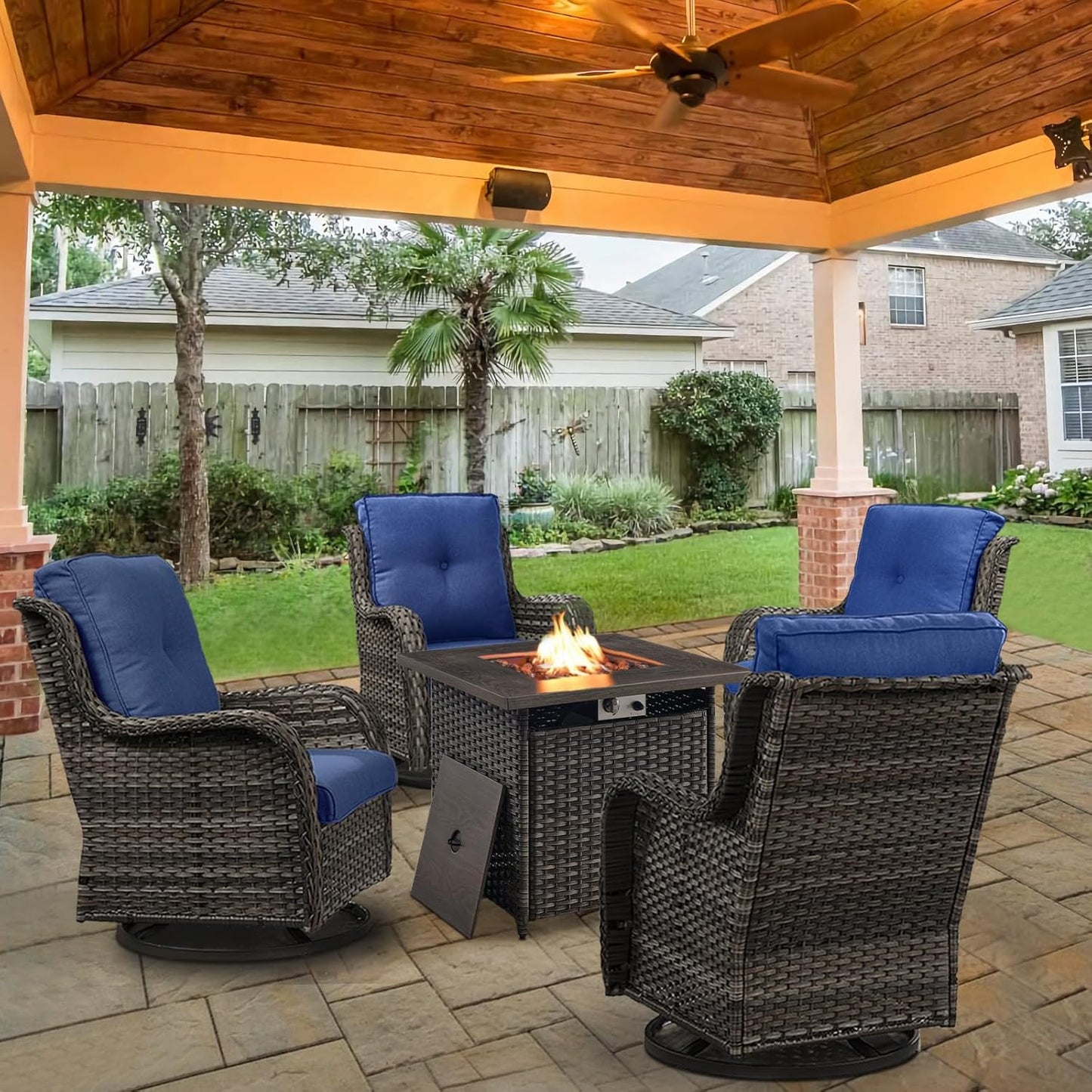 5 Pieces Patio Wicker Furniture Set - 4 Outdoor Swivel Rocker Glider Chairs with 50000BTU Propane Fire Pit Table, Warm Patio Conversation Set Blue Cushion Perfect for Casual Gathering