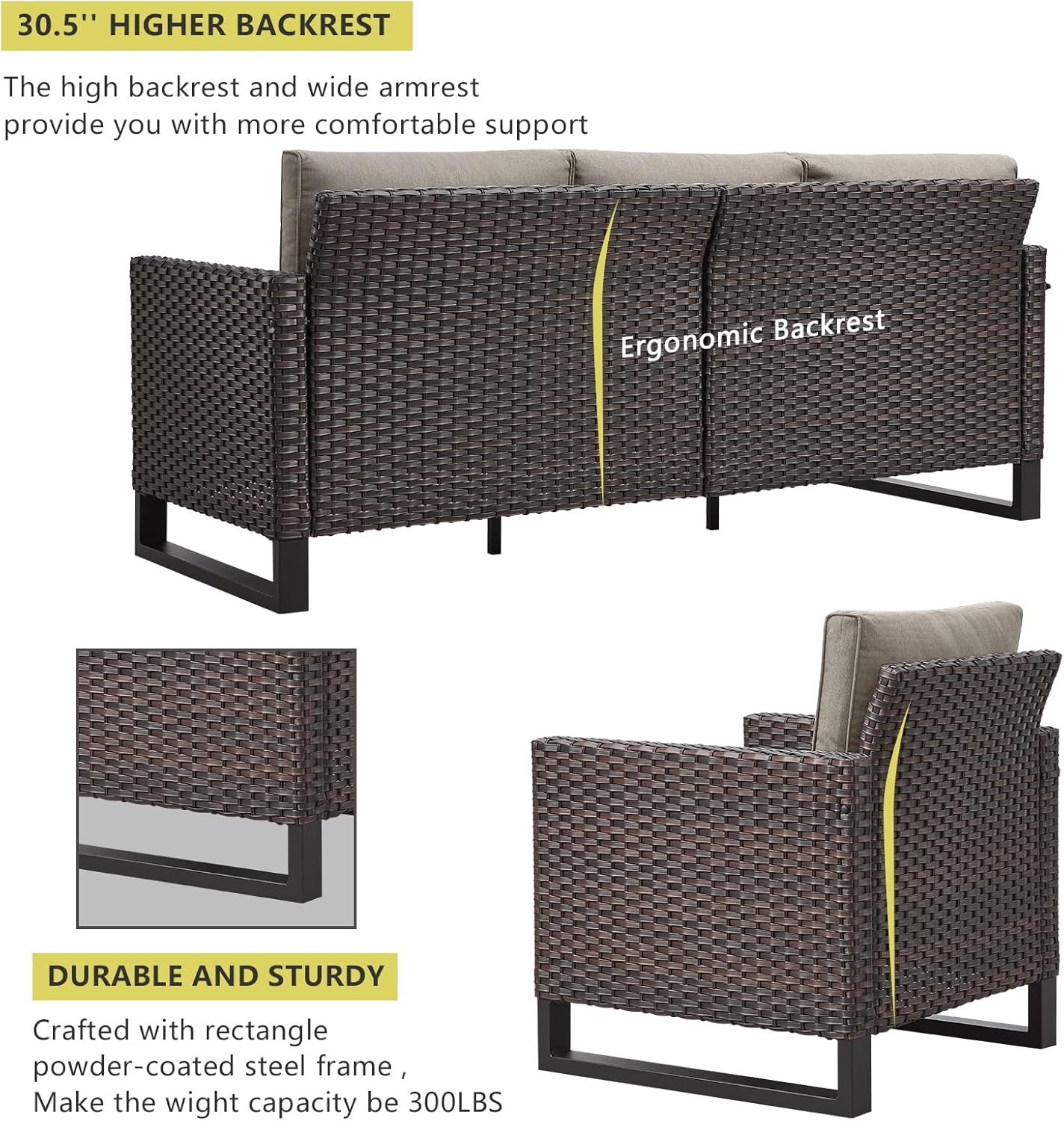 HUMMUH 8 Piece Patio Furniture with Fire Pit,PE Wicker Outdoor Conversation Sets-6-Seater Sofa,Patio Swivel Chairs Outdoor Chairs, Propane Fire Pit,Side Table for Porch,Garden,Backyard(Brown/Grey)