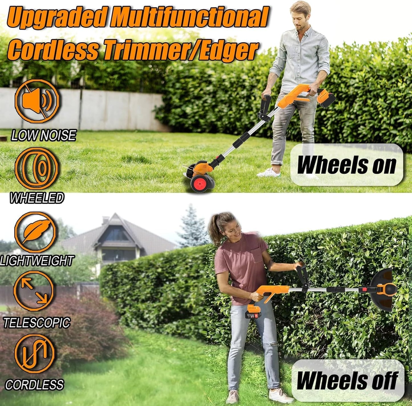 Electric Weed Wacker Cordless Eater, Battery Powered No String Grass Trimmer with 2 21V/4Ah Battery Operated&3 Types Blade&Wheels, Lightweight Weed Trimmer/Edger Lawn Tool for Garden Yard