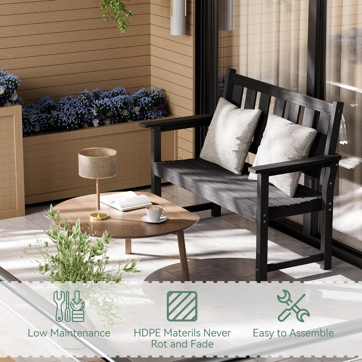 HDPE Memorial Bench – 50'' Weatherproof Durable Outdoor Bench, 2-Person Park Bench, Easy to Move, Multi-Purpose Design Ideal for Porch, Patio, Church, and School (Black)