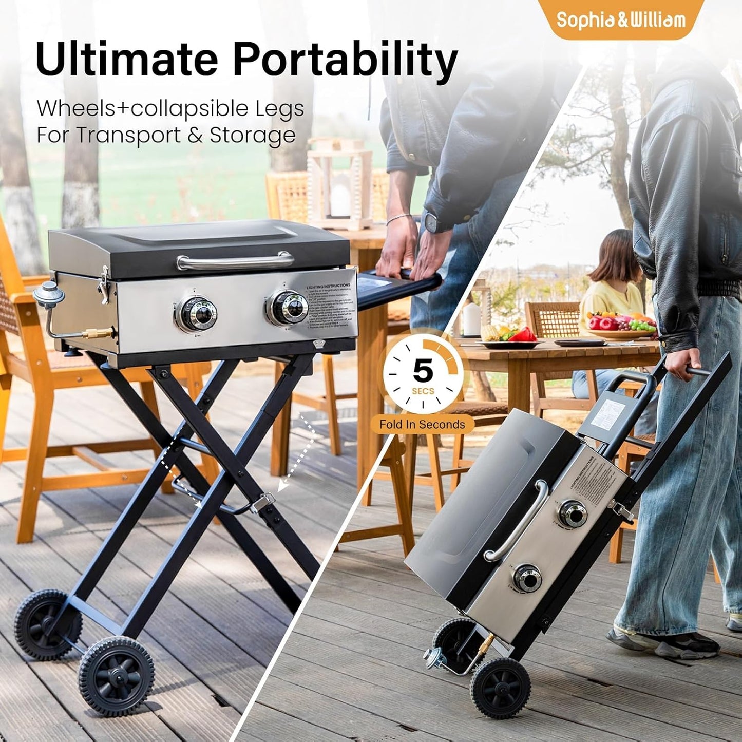 Sophia & William Portable Gas Grill Griddle, Small Propane BBQ grill with Foldable Legs & Wheels for Outdoor Barbecue, Camping, Tailgating, Roadtrip, RV, 2 Burner Flat Top Griddle, 20,000 BTU, Black