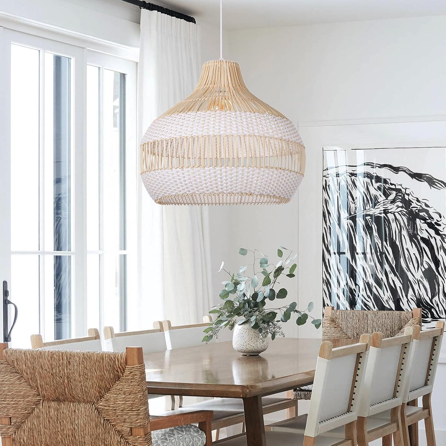 Arturesthome Woven Pendant Light 19.65" White Dining Room Lighting Adjustable Natural Rattan Pendant Lighting with Plastic for Restaurants Sitting Room