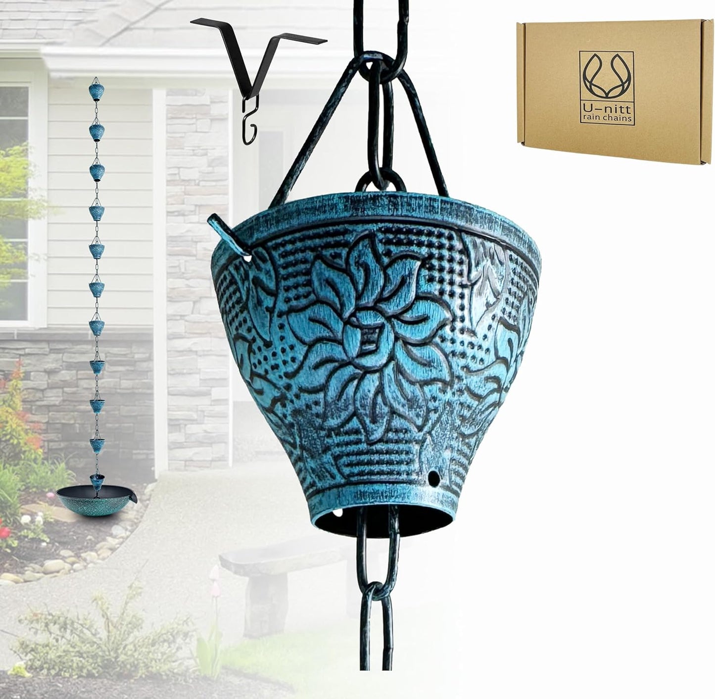 U-nitt Rain Chain Water Collection for Gutters, Rainwater Catcher & Diverter, 8.5 FT Chains for Outside Garden, Sunflower Cups, Roof Downspout, Works with Heavy Rain, w/Gutter Clip for Rainchains