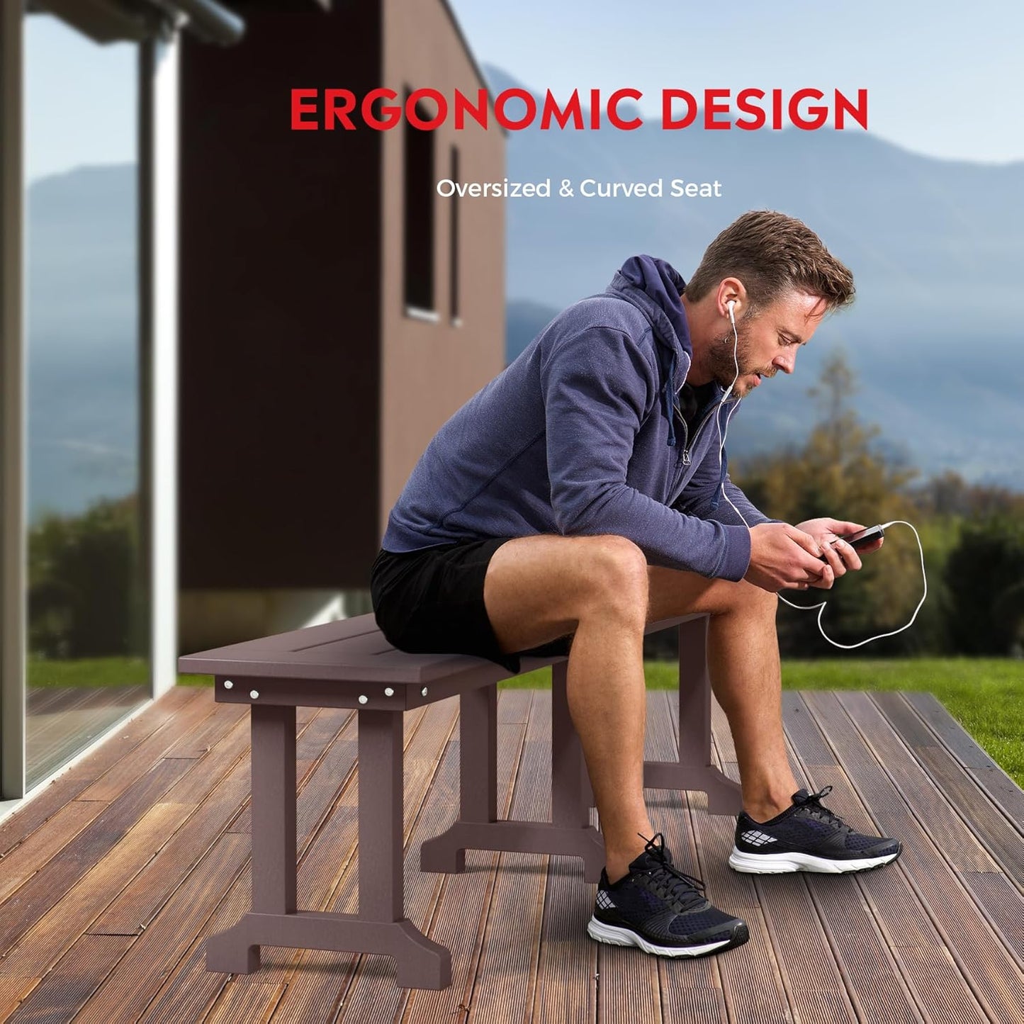 Outdoor Benches Weatherproof, Park Long Bench Poly Lumber Backless for Entryway Front Porch Garden Bench Seat for Patio, Dark Brown