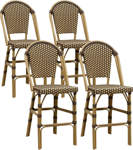 PURPLE LEAF French Counter Height Bar Stool Set of 4 25" Bamboo Print Finish Patio Bar Chairs with Back Rattan Bar Chairs French Bistro Set for Kitchen Outdoor Counter Stool Brown