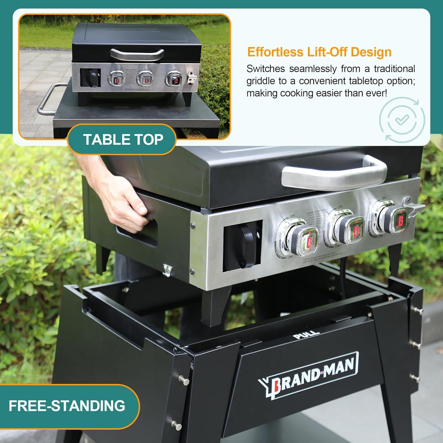 Brand-Man 3-Burner Portable Propane Gas Griddle with Lid - 28,000 BTU Flattop Griddle Grill, 504 Sq. In., Folding Side Tables, Rolling Cart for Outdoor BBQ, Camping, Patio