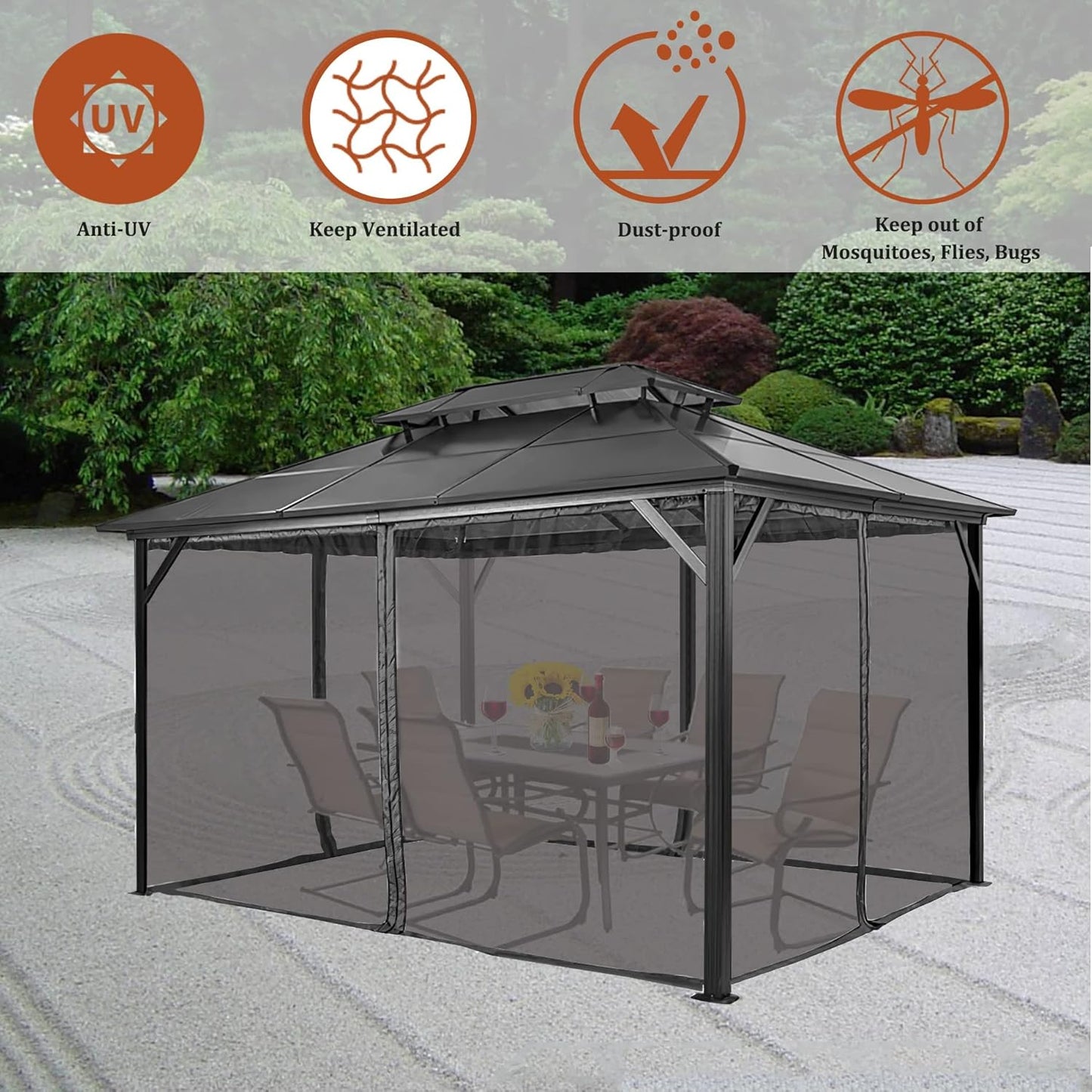 Gazebo Mosquito Netting Replacement 10' x 12' x 7'1'', Universal 4-Panel Screen Sidewall with Zipper, Black (Mosquito Net Only)
