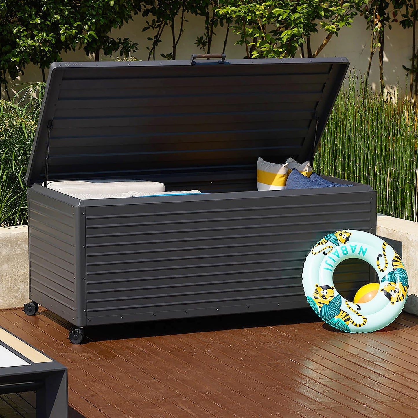 281 Gallon Outdoor Storage Box Waterproof with Wheels, Metal Deck Boxfor Patio Furniture, Garden Tools, Outdoor Cushion, Charcoal