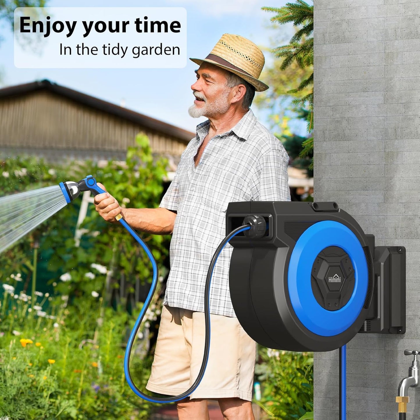Retractable Garden Hose Reel, 5/8" x 90FT Automatic Retractable Water Hose Reel Wall Mount, with 10- Function Sprayer Nozzle, Any Length Lock/Auto Rewind/180°Swivel