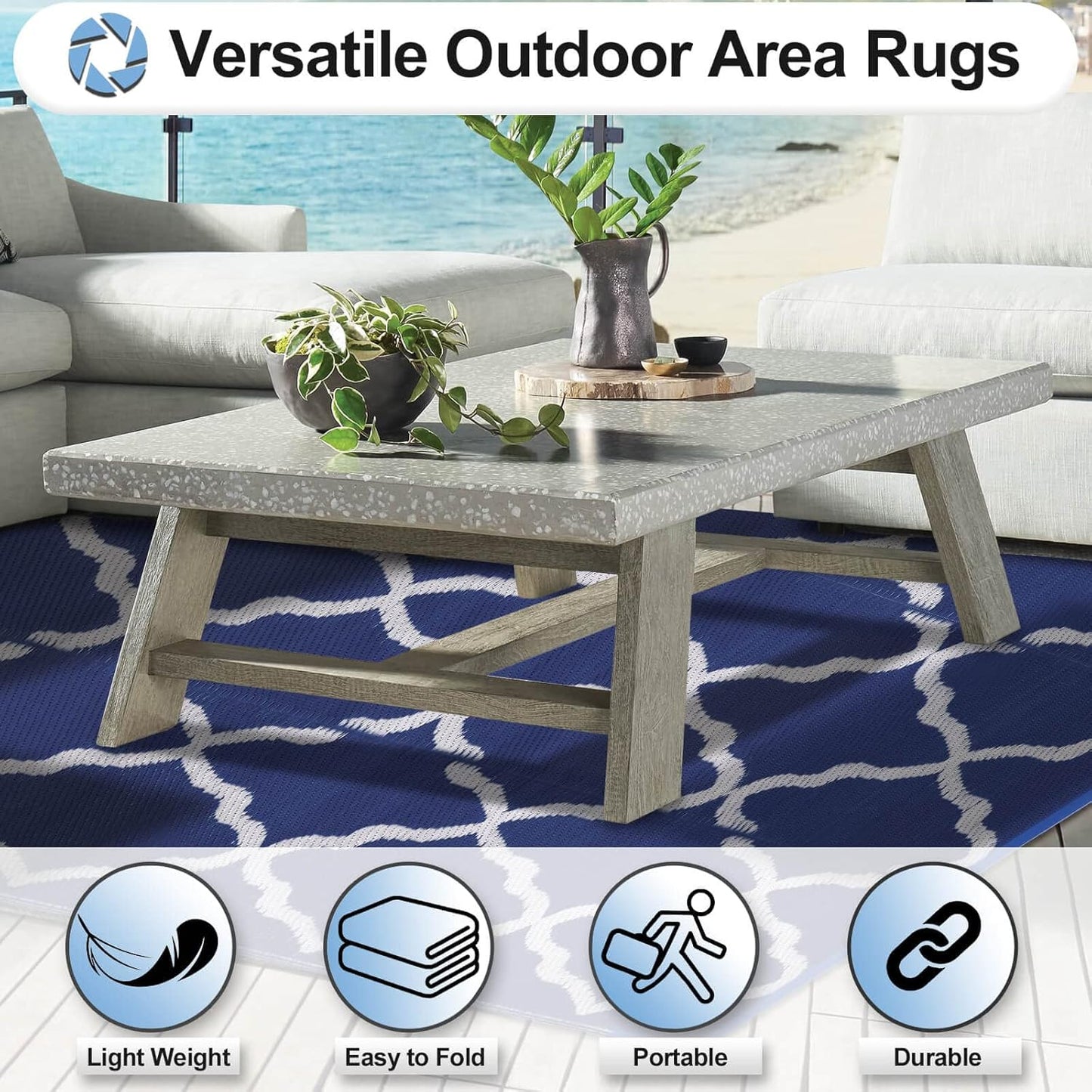 OutdoorLines Outdoor Plastic Area Rugs for Patio 5x8 ft - Reversible Outside Carpet, Stain & UV Resistant RV Mats, Straw Rug for Camping, Deck Garden, Porch and Balcony, Moroccan Navy & Light Grey