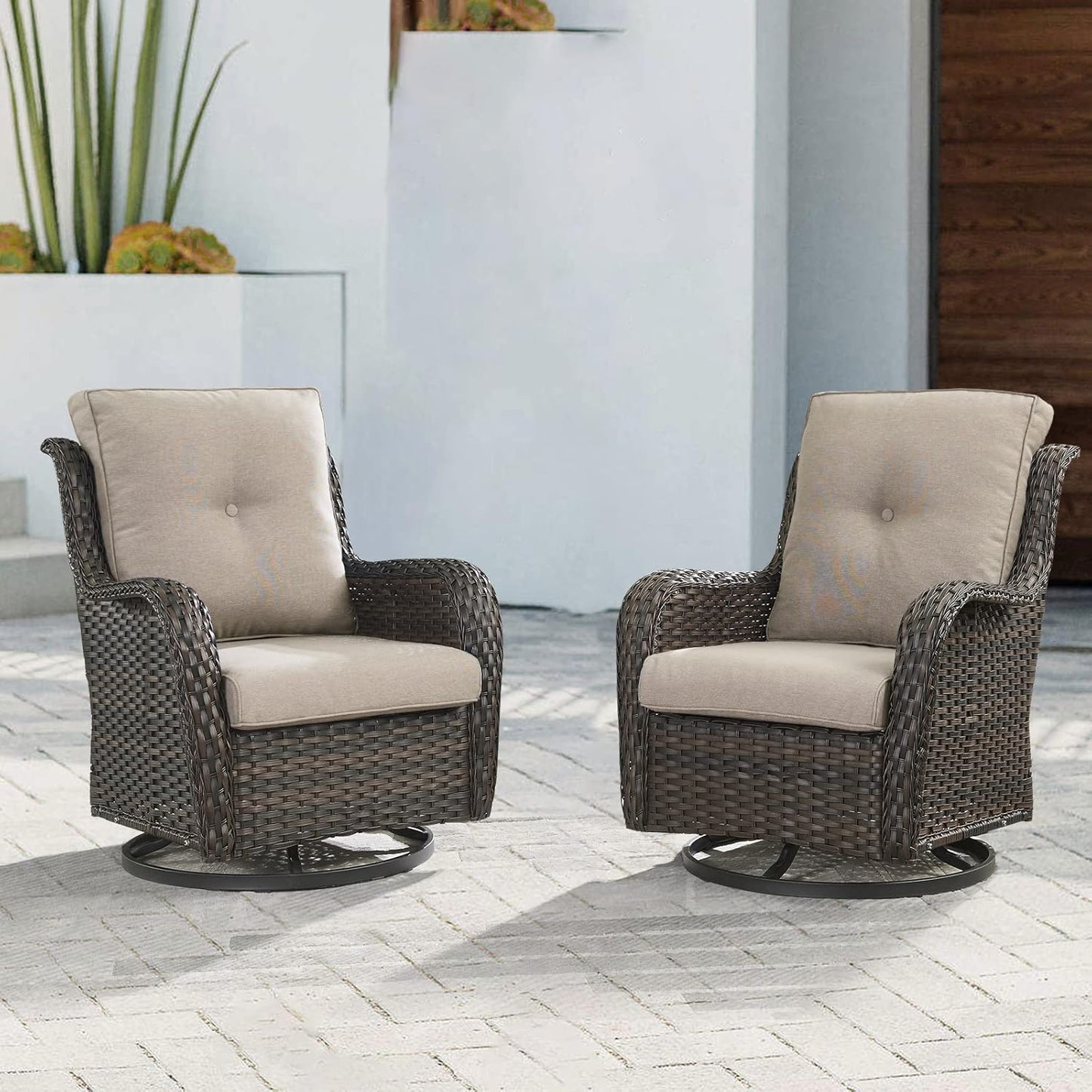 Outdoor Patio Swivel Rocker Chairs - Wicker Rattan Patio Swivel Rocking Chairs Set of 2 with High Back,Deep Seating and Comfort Cushions for Deck Porch Garden,rown/Grey