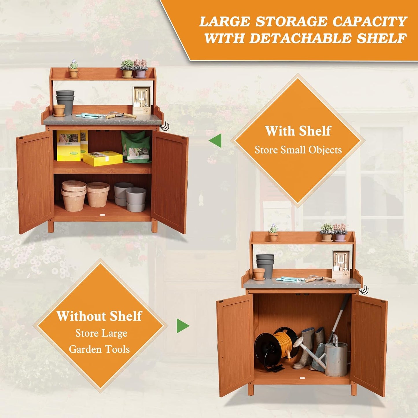 Outdoor Potting Bench with Storage, Wooden Garden Potting Table with Metal Tabletop and Removable Shelf, Potting Work Bench Station for Garden, Patio, Backyard