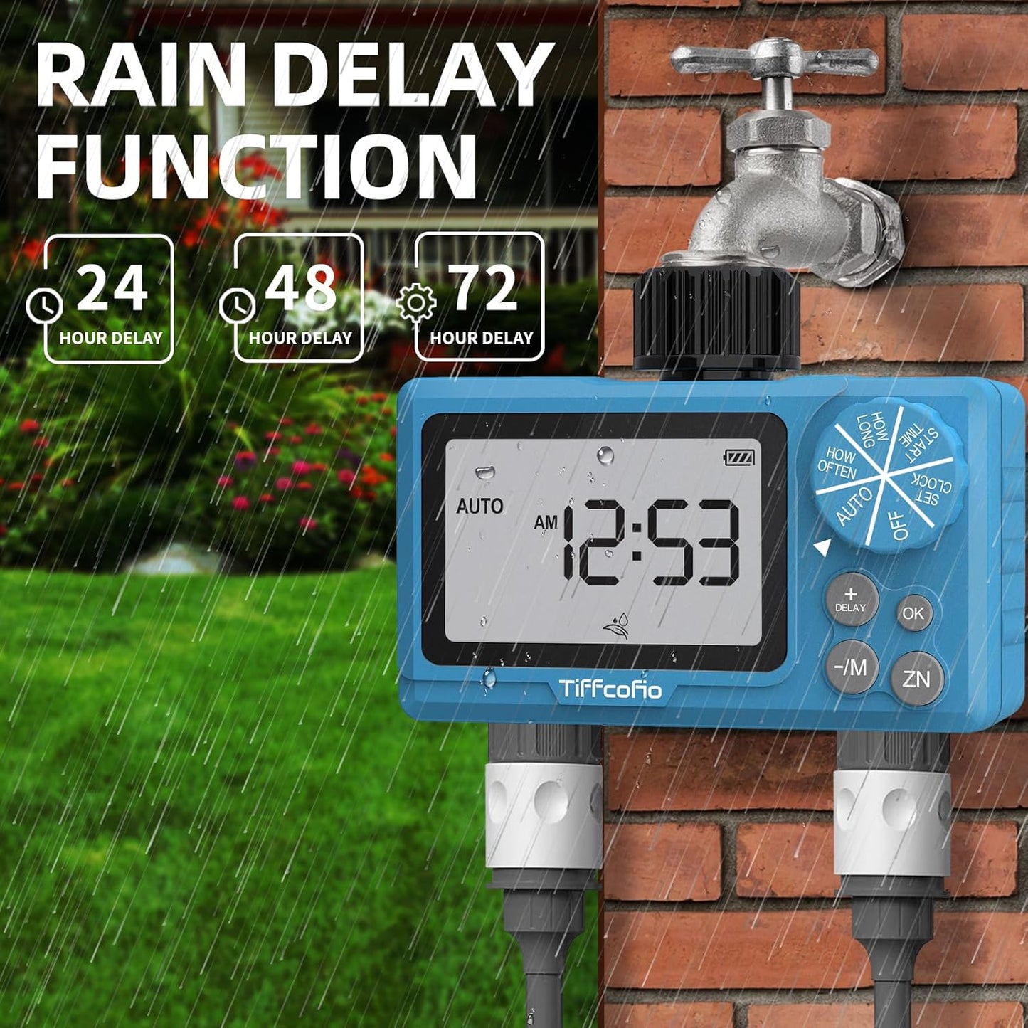 Sprinkler Water Timer Outdoor, 2 Outlets Digital Pogrammable for Garden Hose, Irrigrtion Timer with Rain Delay and Manual Mode (1 Pack)