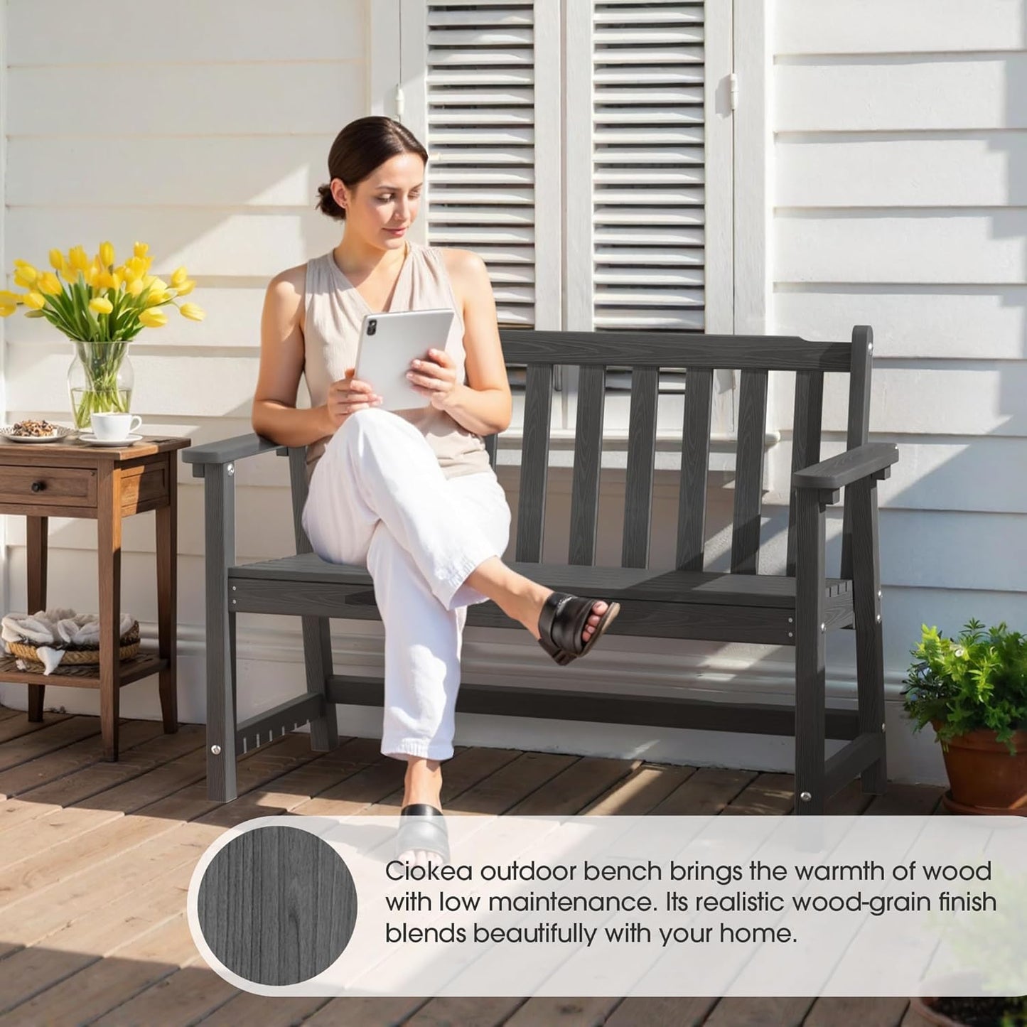 Ciokea 44" Outdoor Bench Set of 2, HDPE Weatherproof Garden Bench, 2-Person Memorial Benches with 550 Lbs, Waterproof Patio Porch Benches for Outside Balcony Deck Backyard, Dark Grey