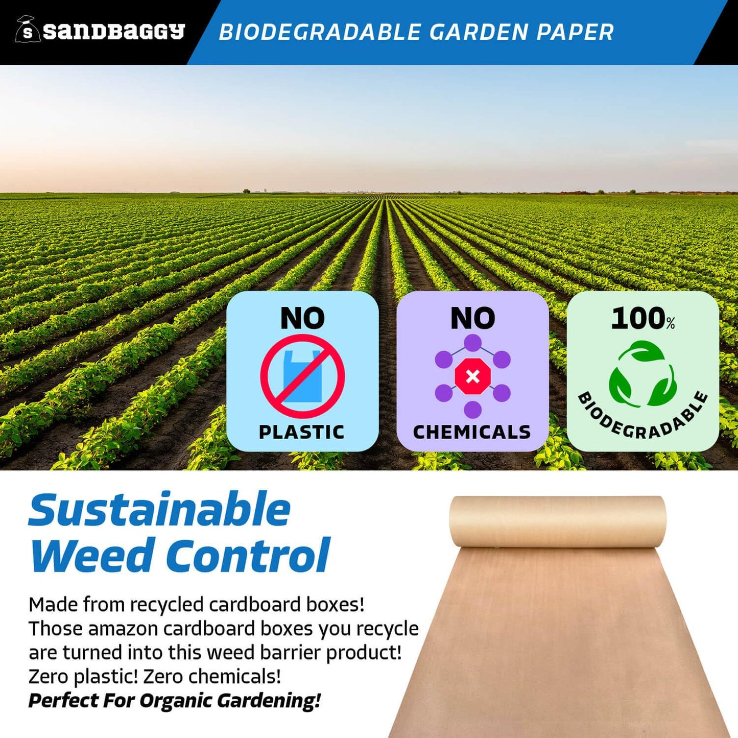 Sandbaggy Biodegradable Landscape Fabric - Garden Paper for Weeds - Paper Mulch Rolls - Made in America (2 ft x 475 ft, 1)