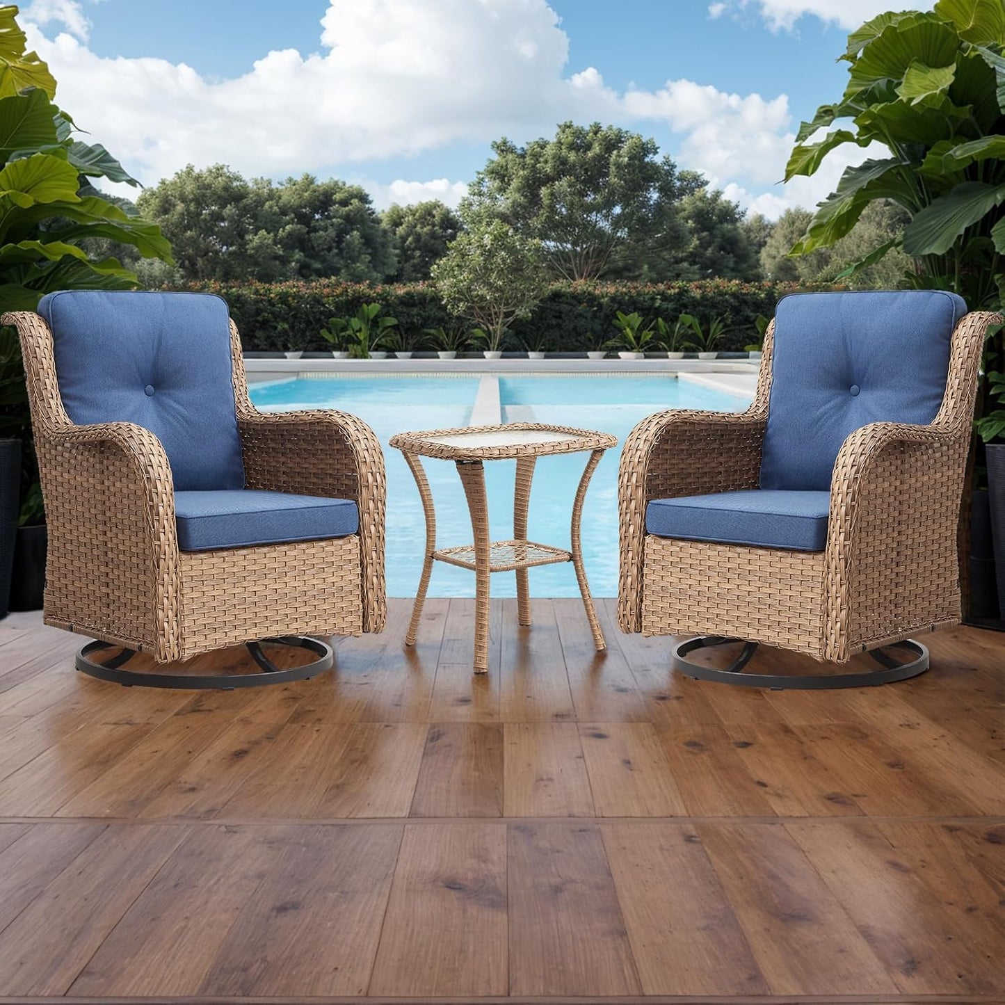 Outdoor Patio Swivel Rocker Chairs - 3 Piece Patio Bistro Set,Wicker Patio Furniture Set with 2 Swivel Rocking Chairs and 1 Glass Top Side Table for Deck Porch Garden,Yellow/Blue